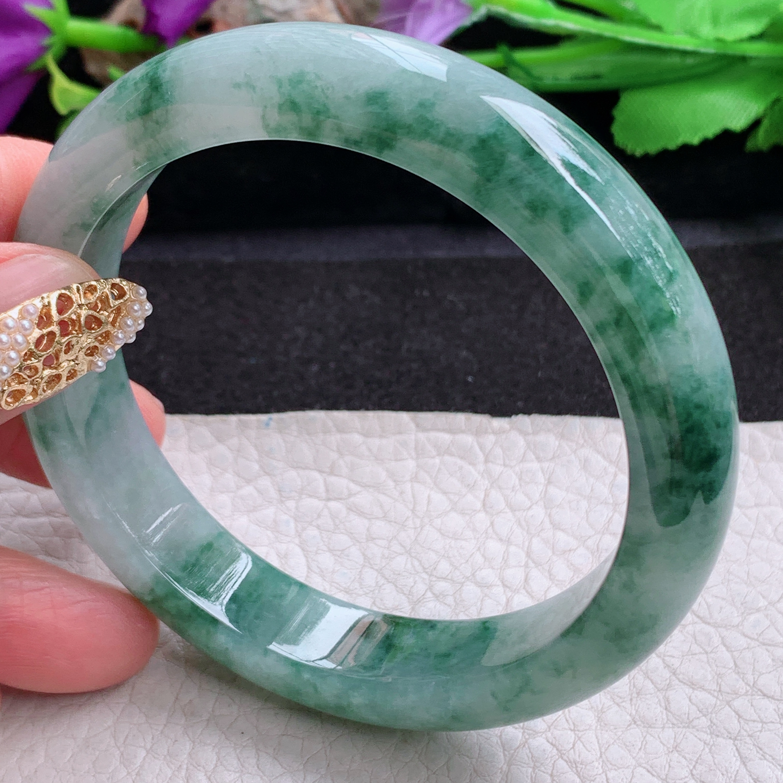 mq实拍59*12.8*9平安镯 天然缅甸翡翠a货手镯冰飘花正圈玉镯子