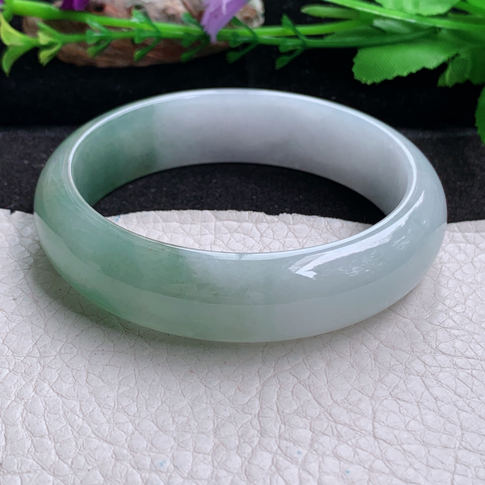 js实拍58.5*15.8*7.6招财镯 天然缅甸翡翠a货手镯冰润半山水正圈玉镯子