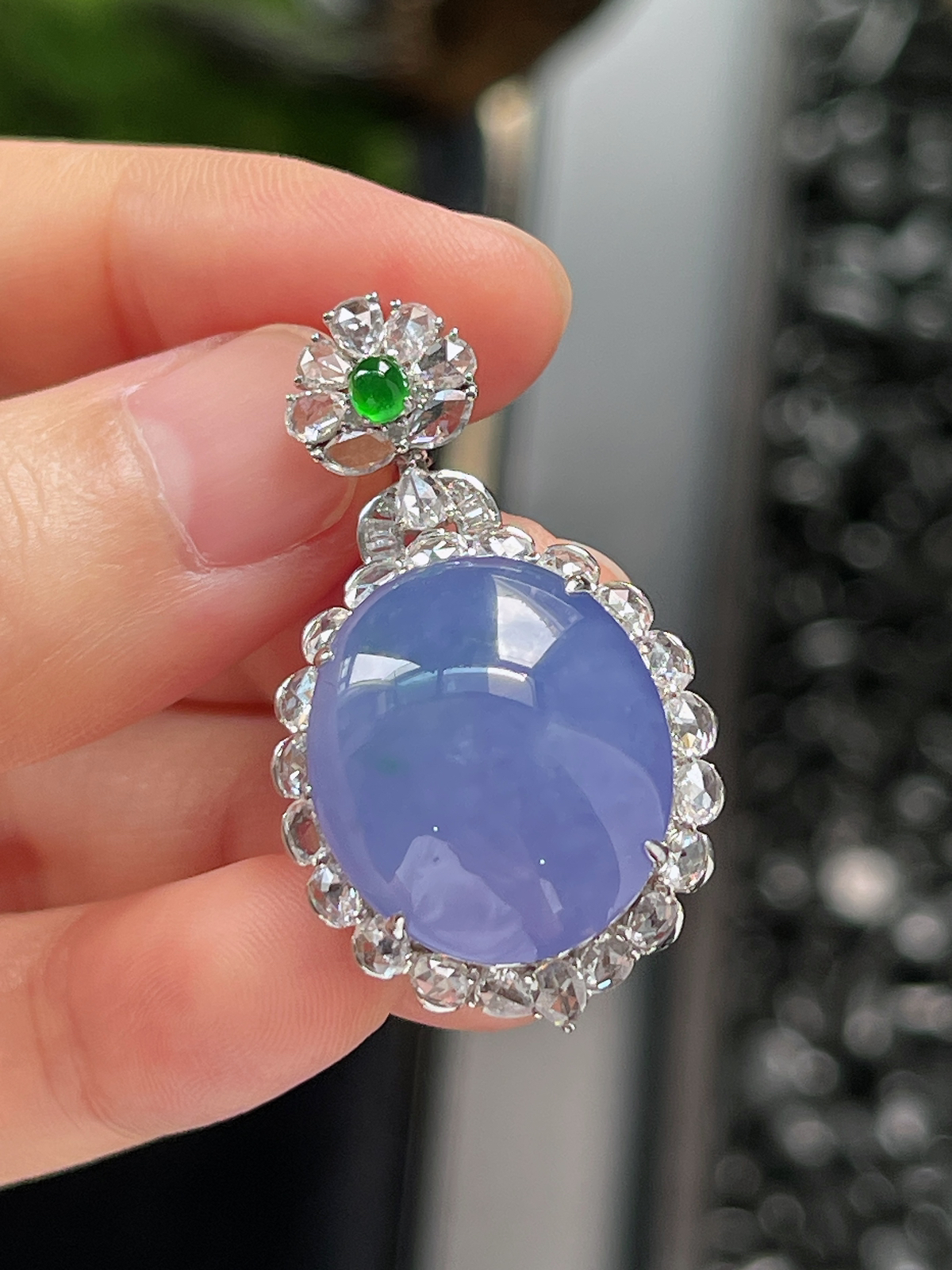 18k金 翡翠冰糯种满紫蛋面挂件