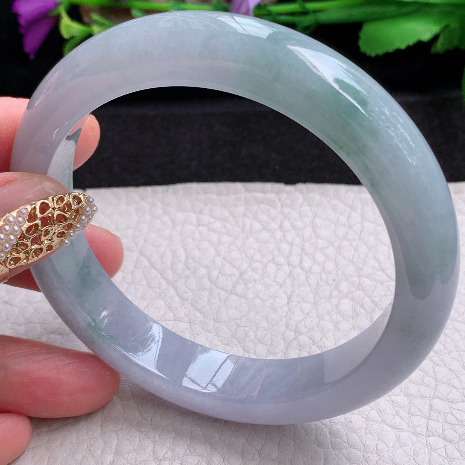 hy大圈口61.8*13*8.6平安镯 天然缅甸翡翠a货手镯蓝紫飘花大气正圈玉镯子