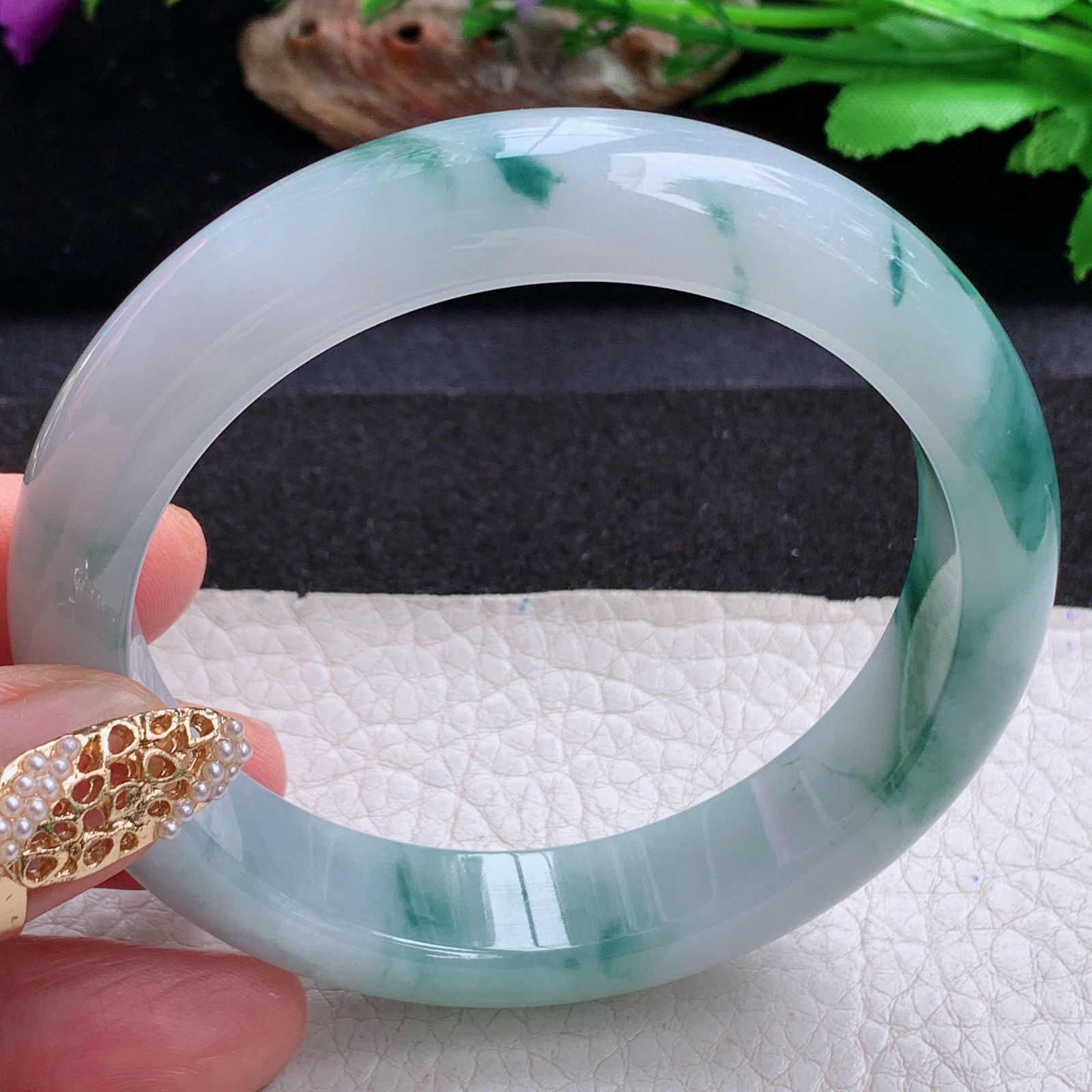 xc实拍58.6*13.8*8.5平安镯 天然缅甸翡翠a货手镯冰飘花正圈玉镯子