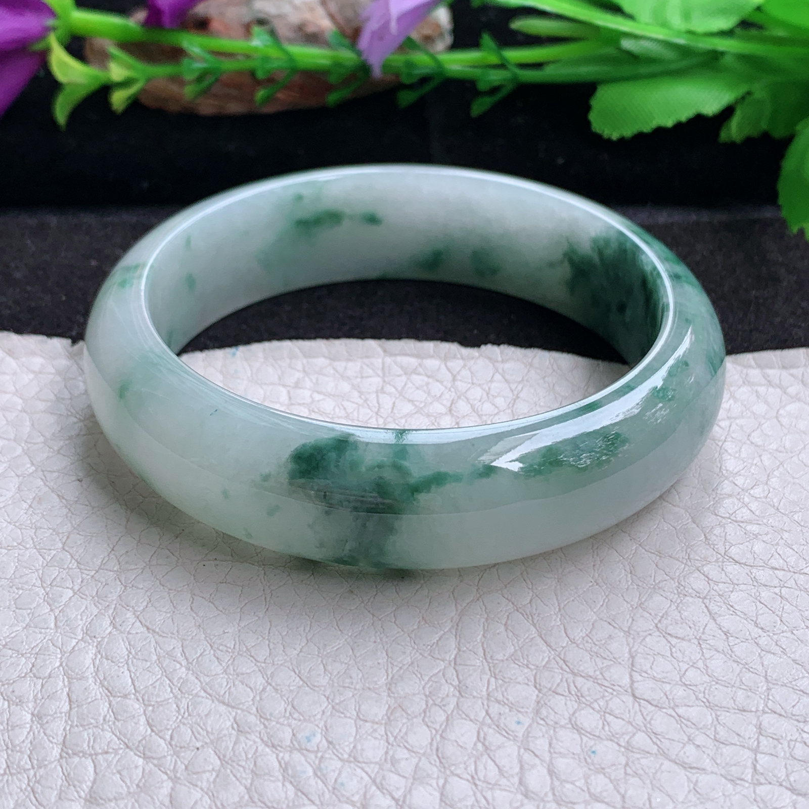 js实拍58*15.8*7.8轮胎镯 天然缅甸翡翠a货手镯飘花大气正圈玉镯子