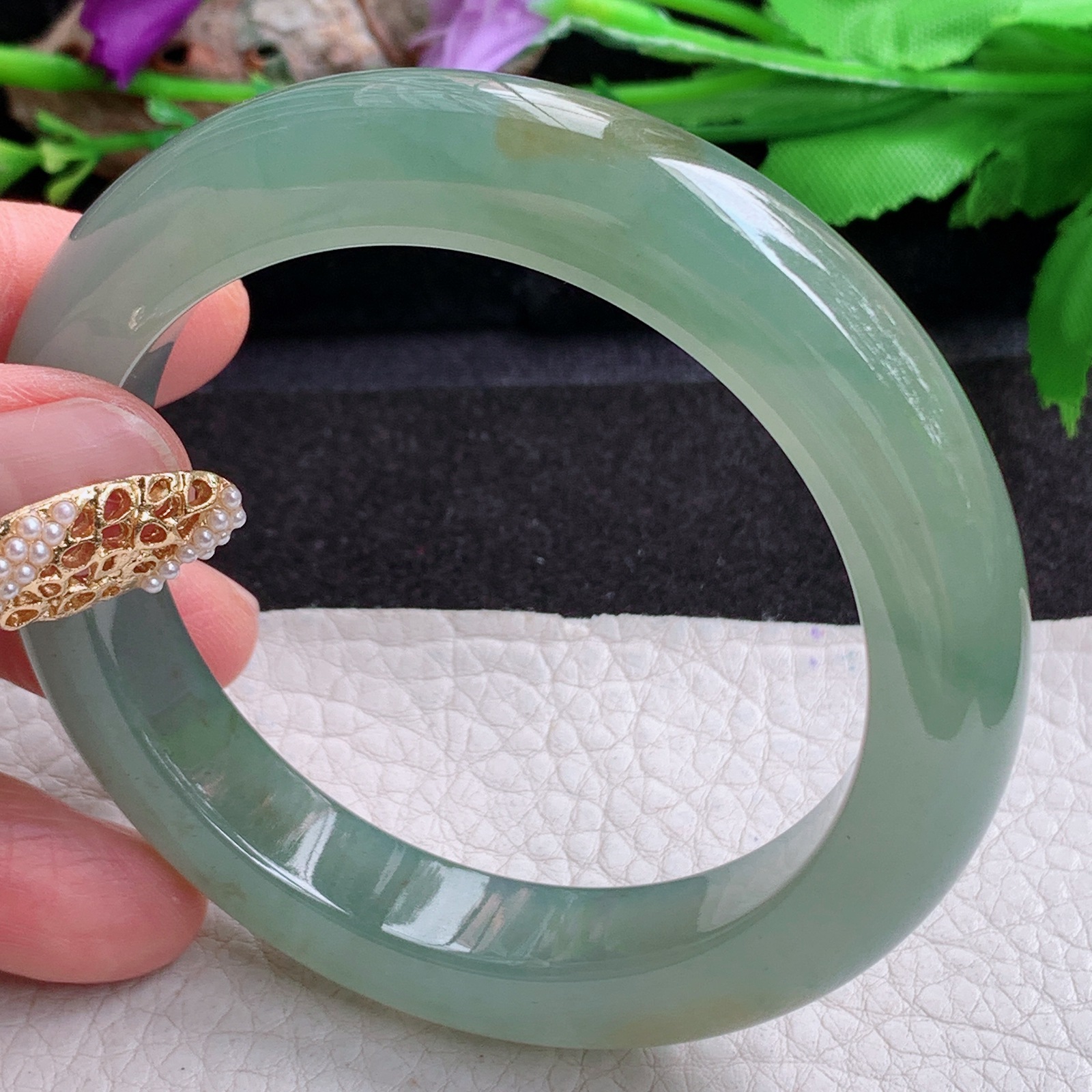r实拍57*12*10平安镯 天然缅甸翡翠a货手镯冰黄加绿厚装正圈玉镯子