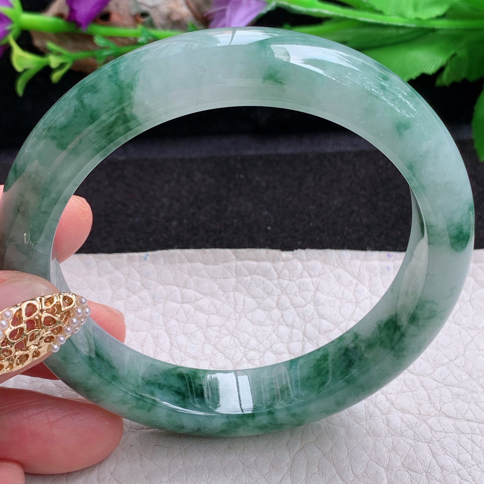 mq实拍59*12.8*9平安镯 天然缅甸翡翠a货手镯冰飘花正圈玉镯子