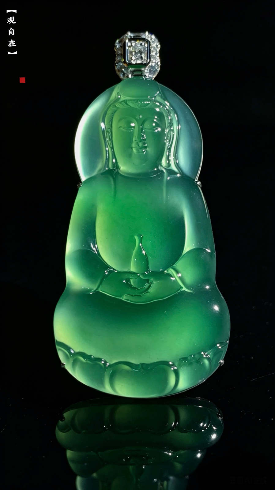 【观自在】，净瓶观音菩萨，
裸石61-32.5-5mm，整体71.5-33-12.5mm，
35.7