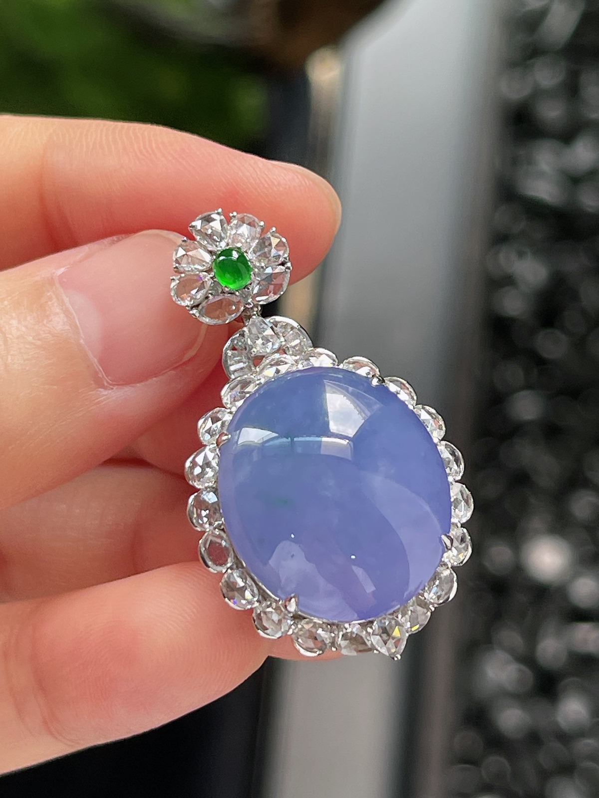 18k金 翡翠冰糯种满紫蛋面挂件