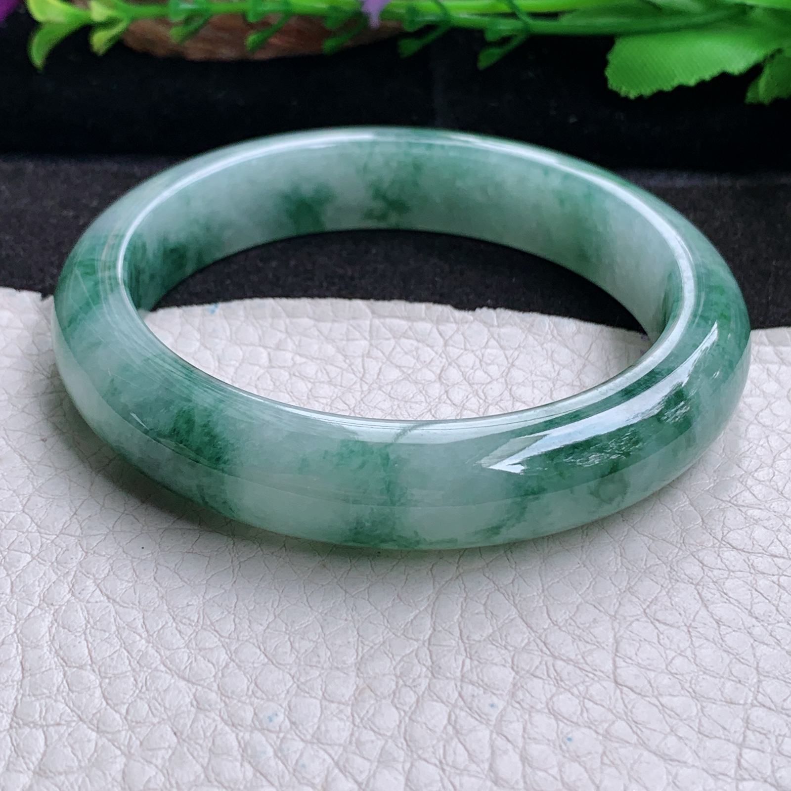 mq实拍59*12.8*9平安镯 天然缅甸翡翠a货手镯冰飘花正圈玉镯子