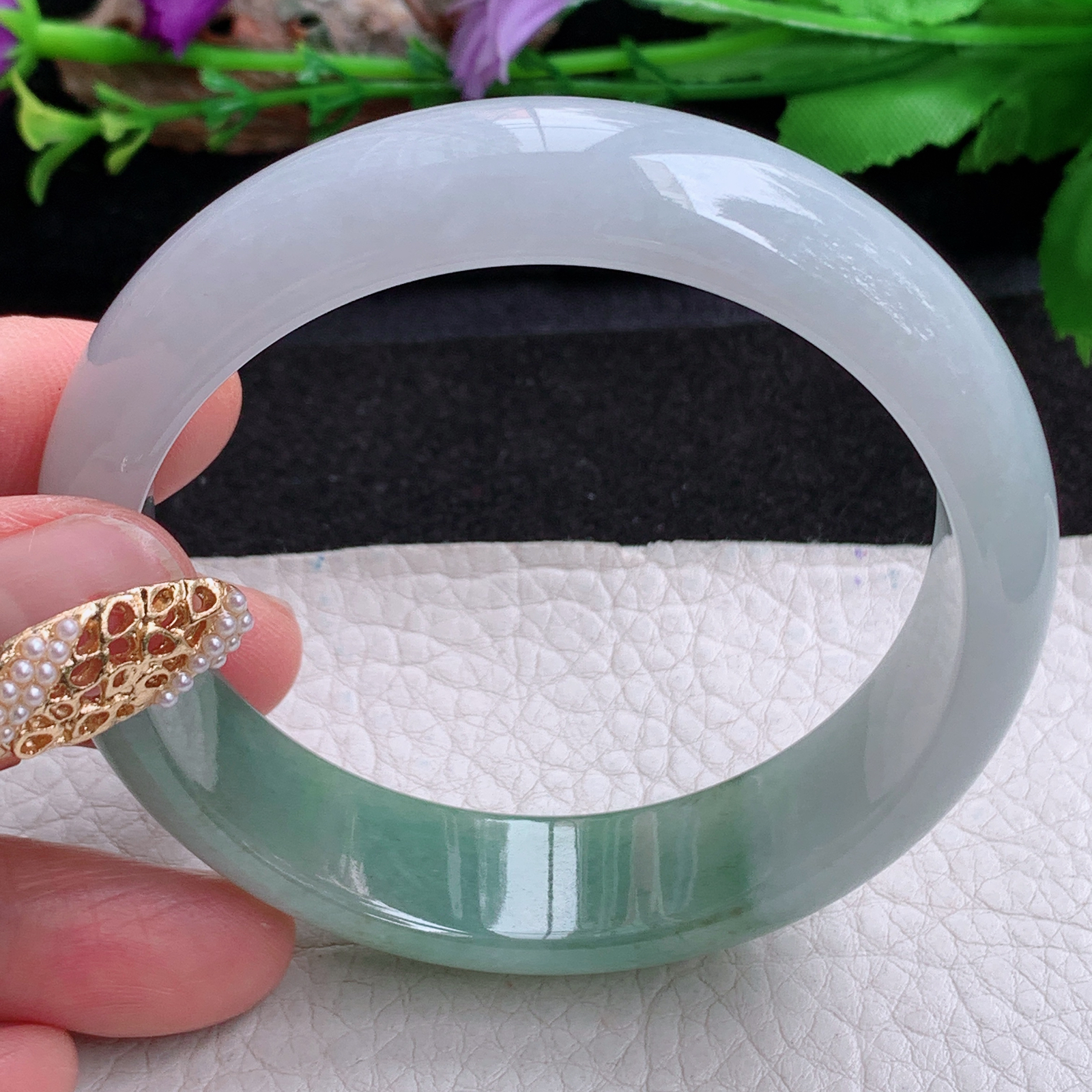 js实拍58.5*15.8*7.6招财镯 天然缅甸翡翠a货手镯冰润半山水正圈玉镯子