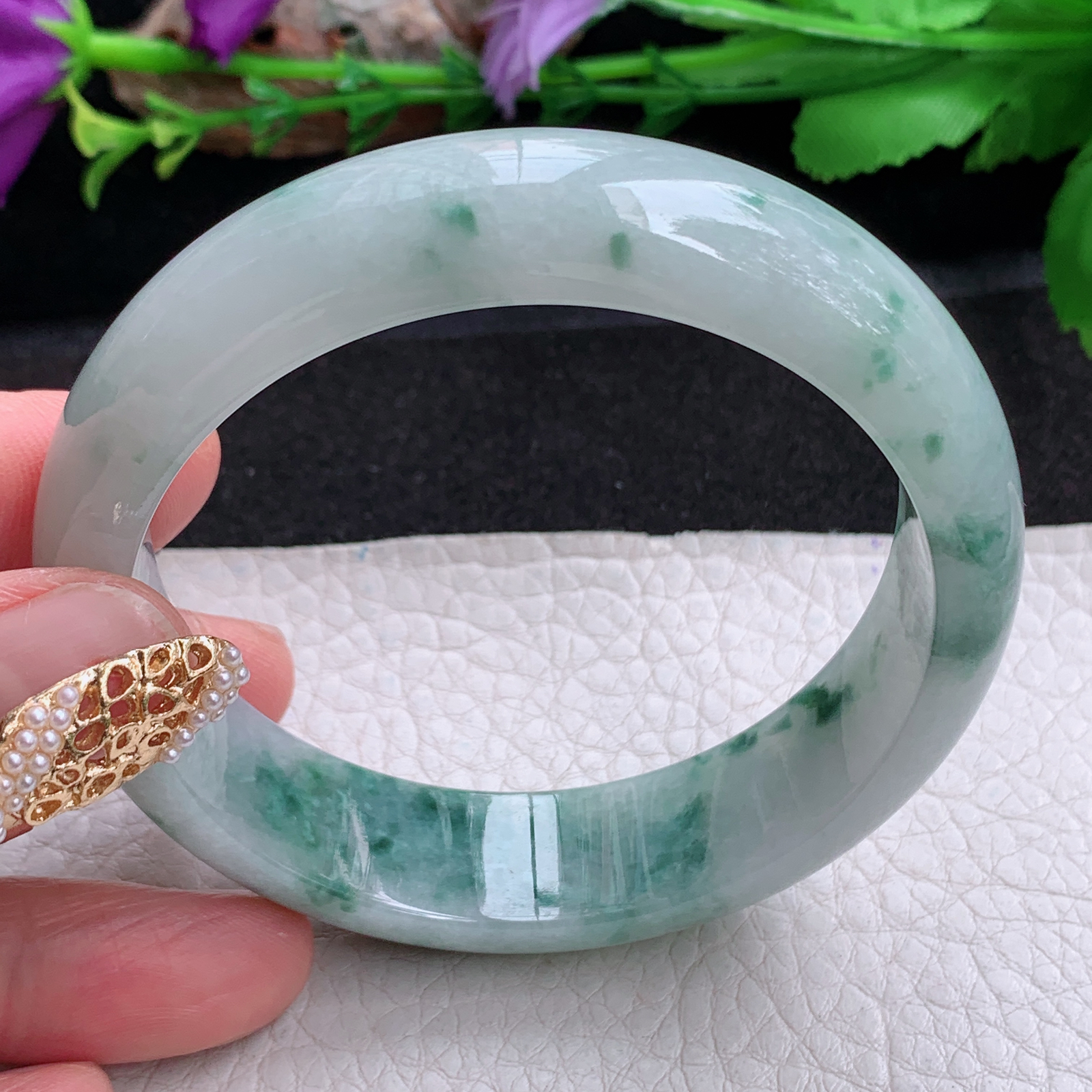 js实拍58*15.8*7.8轮胎镯 天然缅甸翡翠a货手镯飘花大气正圈玉镯子