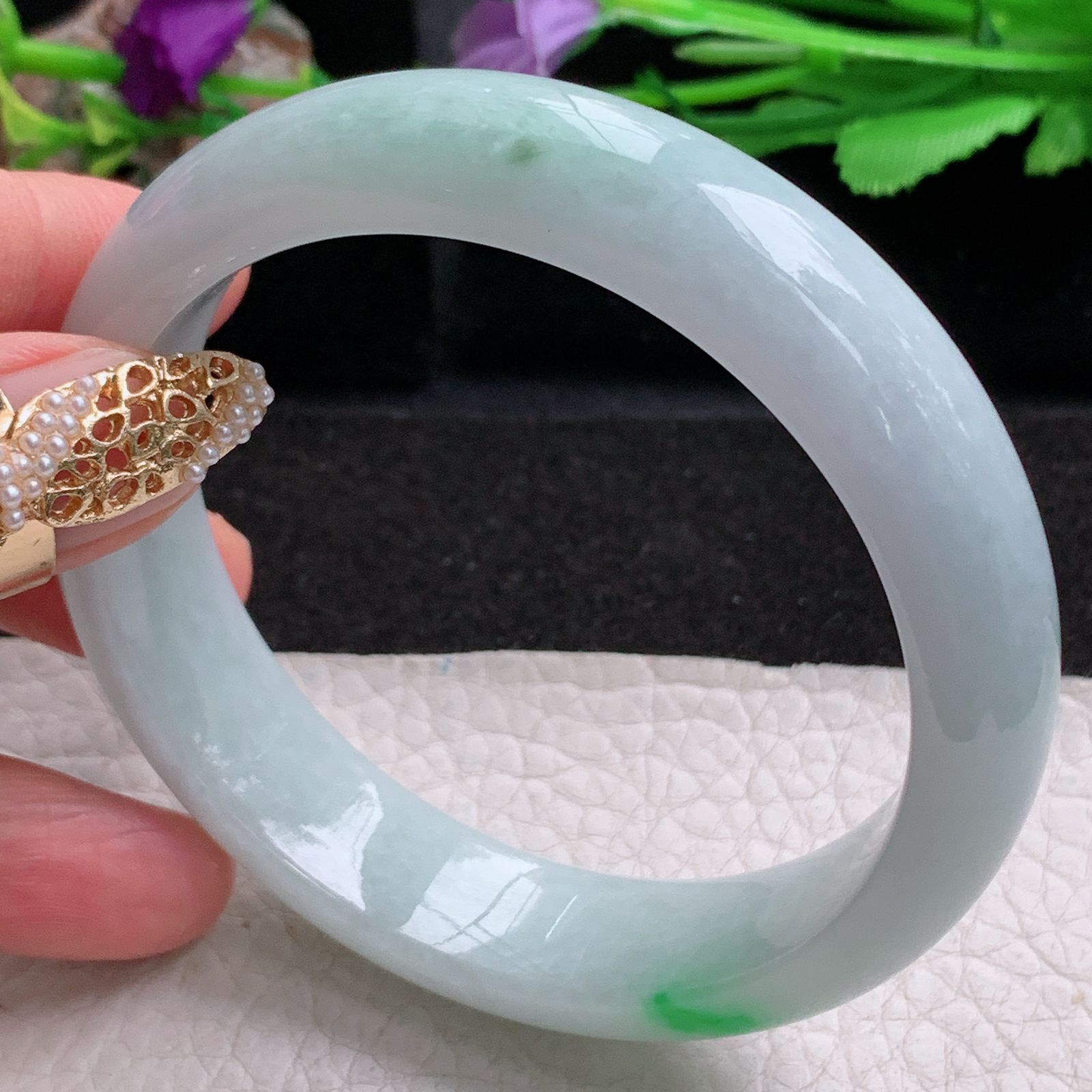 js白底青款59*14.3*8.2平安镯 天然缅甸翡翠a货手镯飘绿大气正圈玉镯子