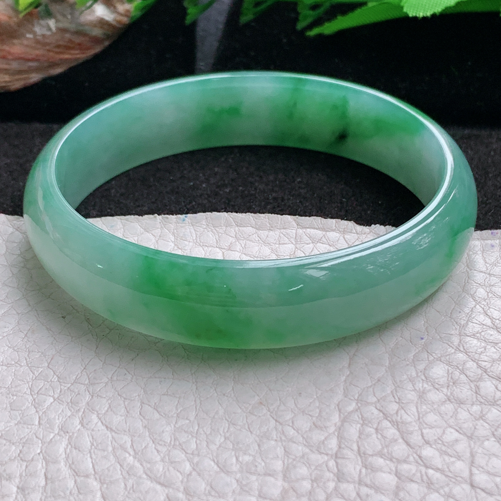 p大圈口59.5*14*6.6平安镯 天然缅甸翡翠a货手镯冰飘绿正圈玉镯子