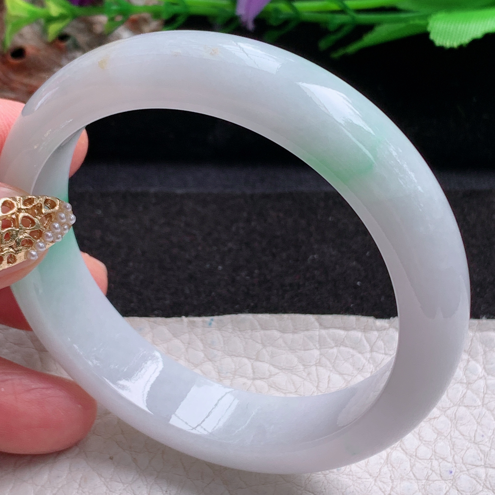 z实拍54*13*7.8平安镯 天然缅甸翡翠a货手镯飘绿正圈玉镯子