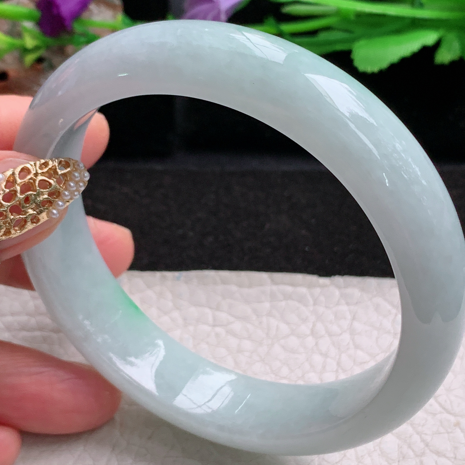 js白底青款59*14.3*8.2平安镯 天然缅甸翡翠a货手镯飘绿大气正圈玉镯子