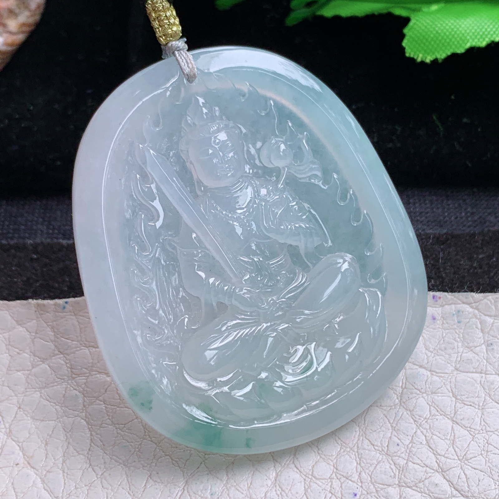 rp实拍50.3*42.8*5.5天然缅甸翡翠冰飘花虚空藏 生敞守护神玉吊坠 玉挂件