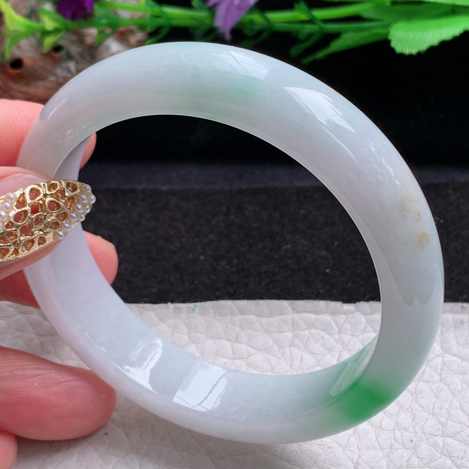 z实拍54*13*7.8平安镯 天然缅甸翡翠a货手镯飘绿正圈玉镯子