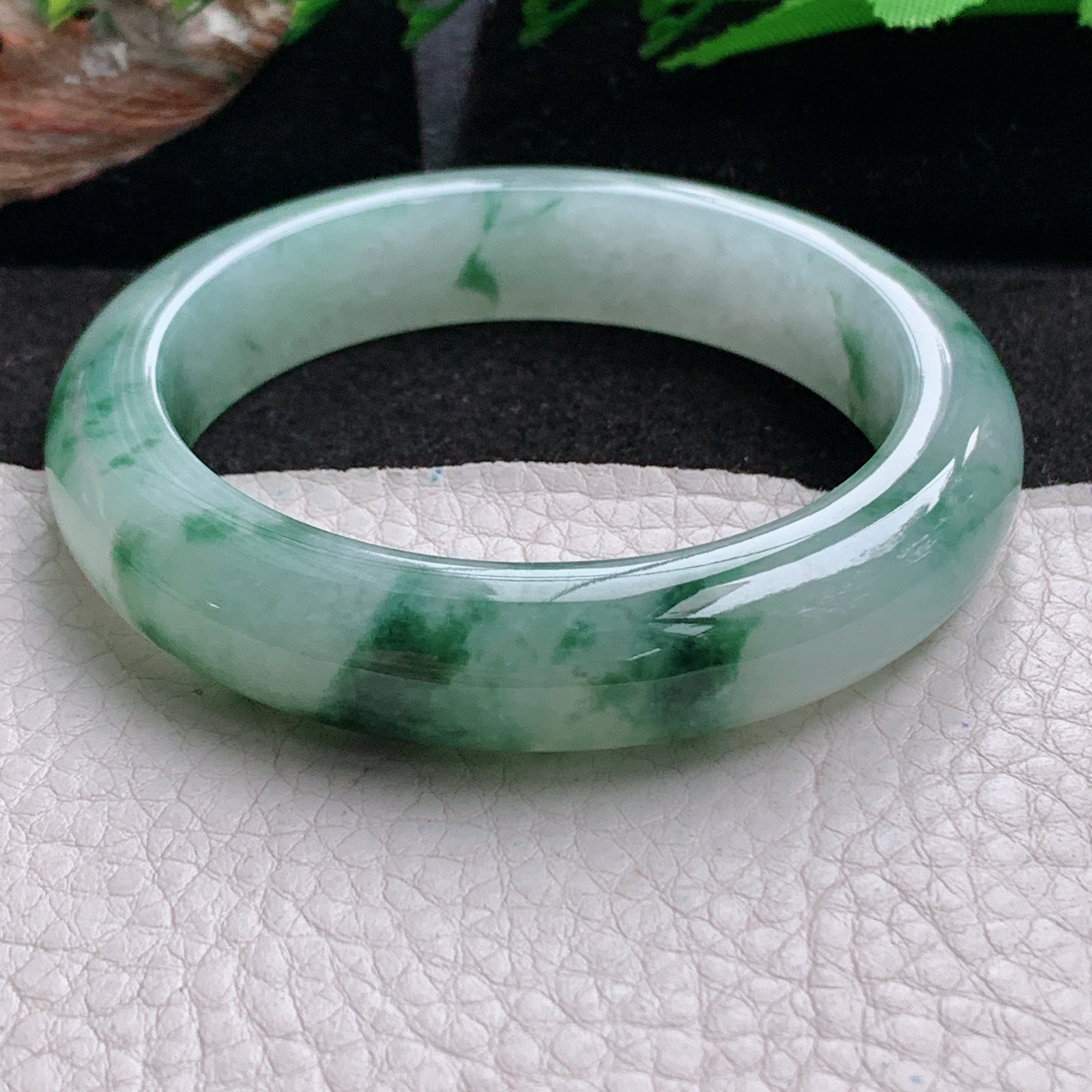 p飘逸款54.5*13*9.5平安镯 天然缅甸翡翠a货手镯冰飘花厚装正圈玉镯子