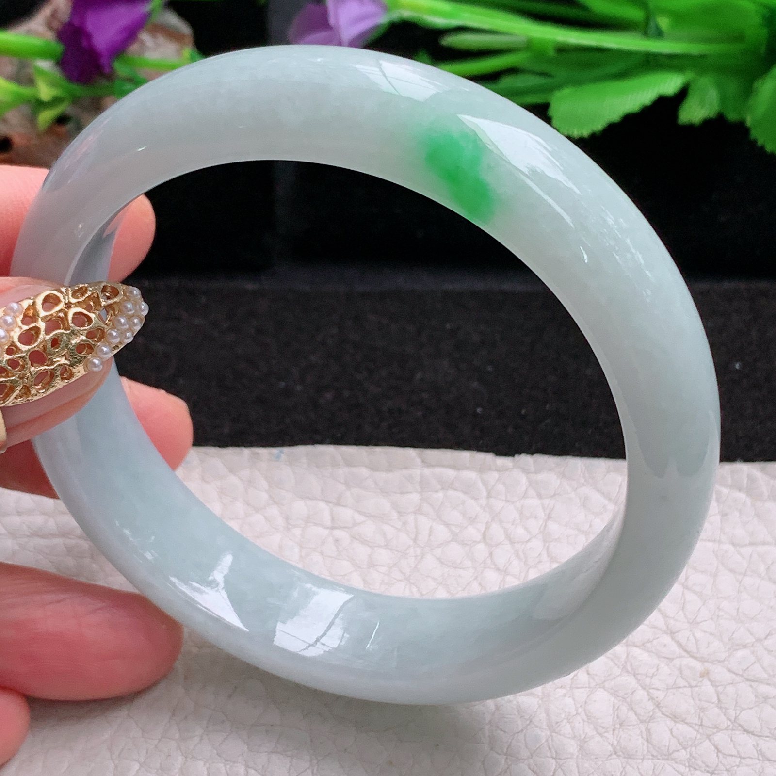 js白底青款59*14.3*8.2平安镯 天然缅甸翡翠a货手镯飘绿大气正圈玉镯子