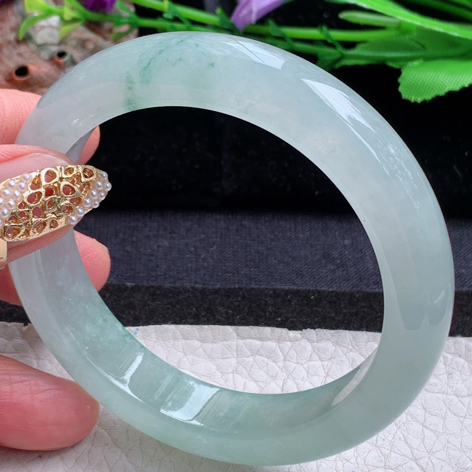 fx实拍55.5*8.8平安镯 天然缅甸翡翠a货手镯冰飘花正圈玉镯子