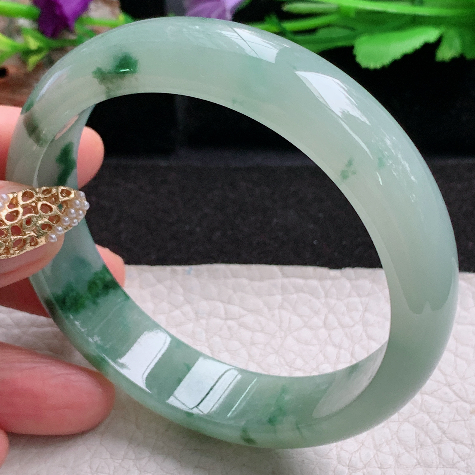 p飘逸款59.8*15*8.5平安镯 天然缅甸翡翠a货手镯冰飘花正圈玉镯子