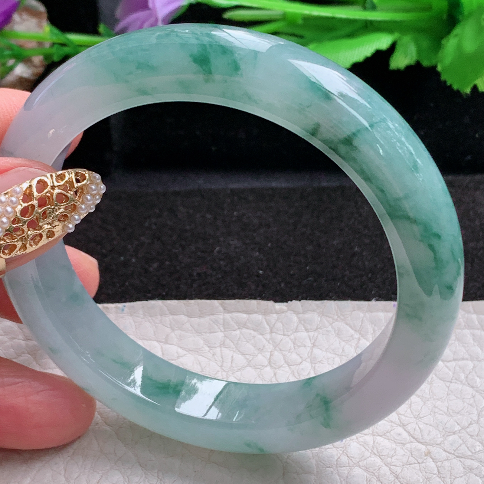 p飘逸款55.5*12.2*9平安镯 天然缅甸翡翠a货手镯冰飘花厚装正圈玉镯子