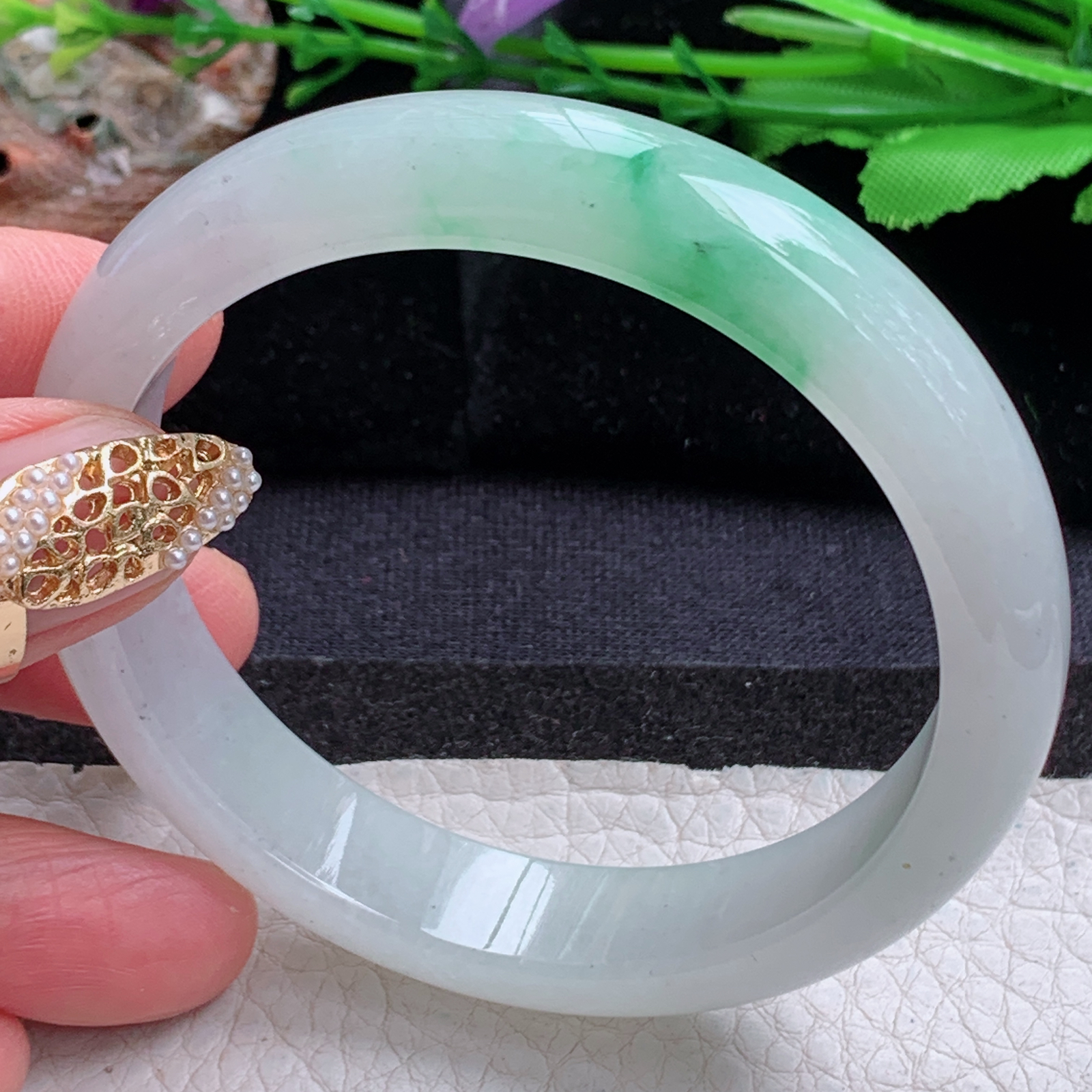 js白底青款56.5*12.2*7.3平安镯 天然缅甸翡翠a货手镯飘绿冰胶正圈玉镯子