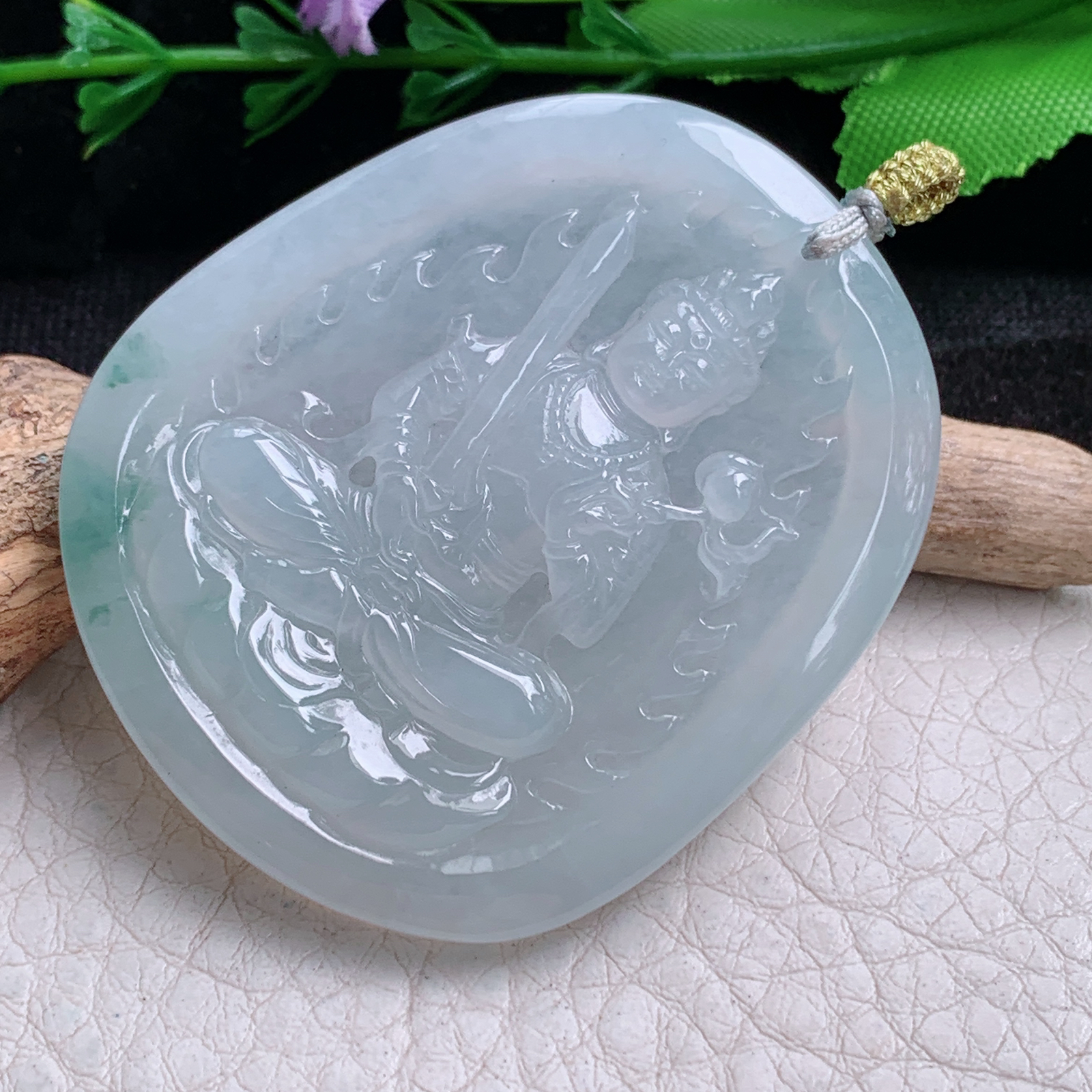 rp实拍50.3*42.8*5.5天然缅甸翡翠冰飘花虚空藏 生敞守护神玉吊坠 玉挂件