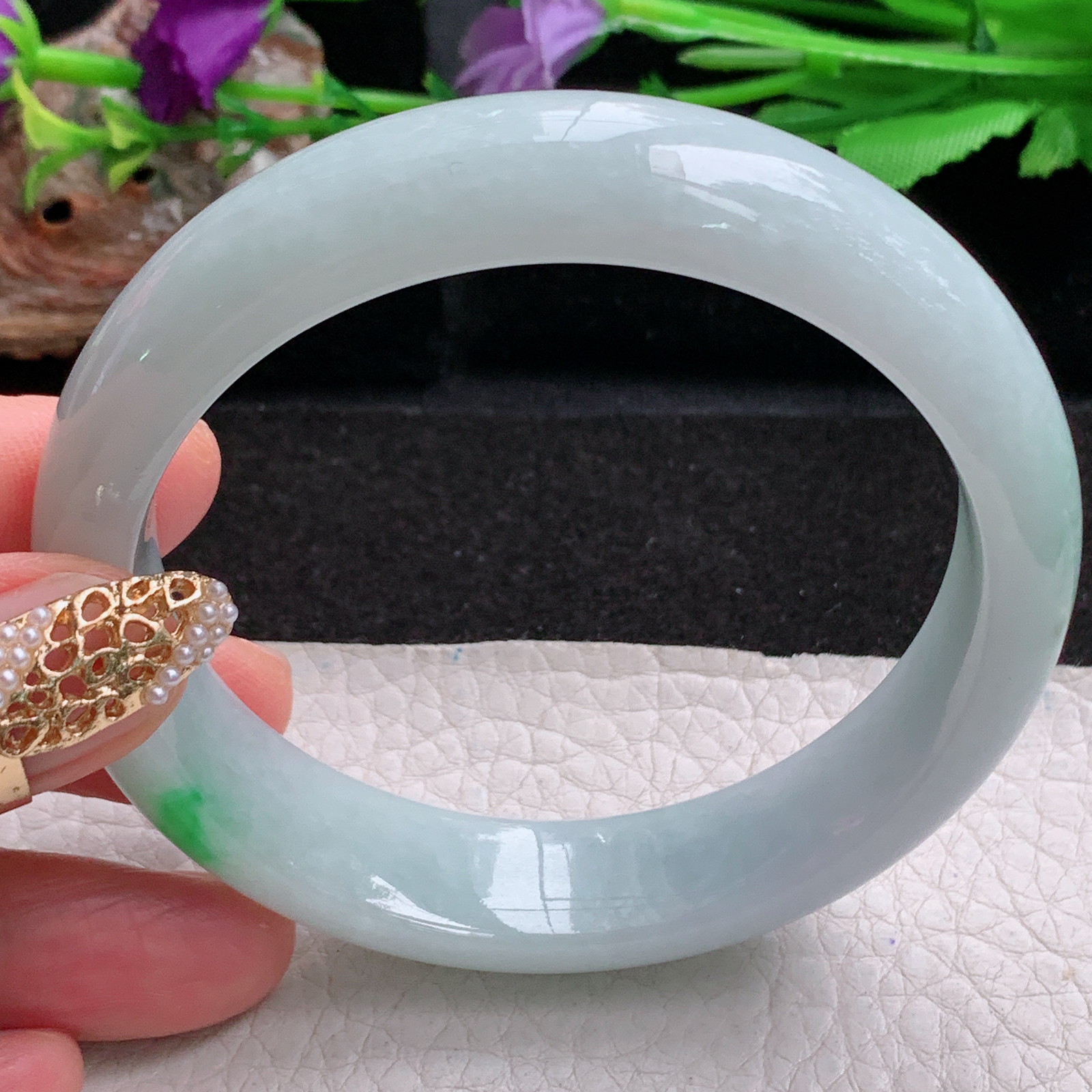 js白底青款59*14.3*8.2平安镯 天然缅甸翡翠a货手镯飘绿大气正圈玉镯子