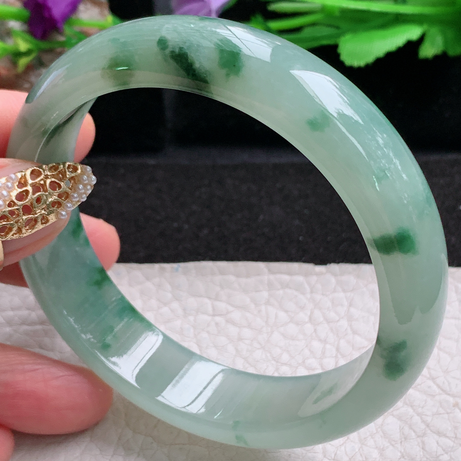 p飘逸款59.8*15*8.5平安镯 天然缅甸翡翠a货手镯冰飘花正圈玉镯子