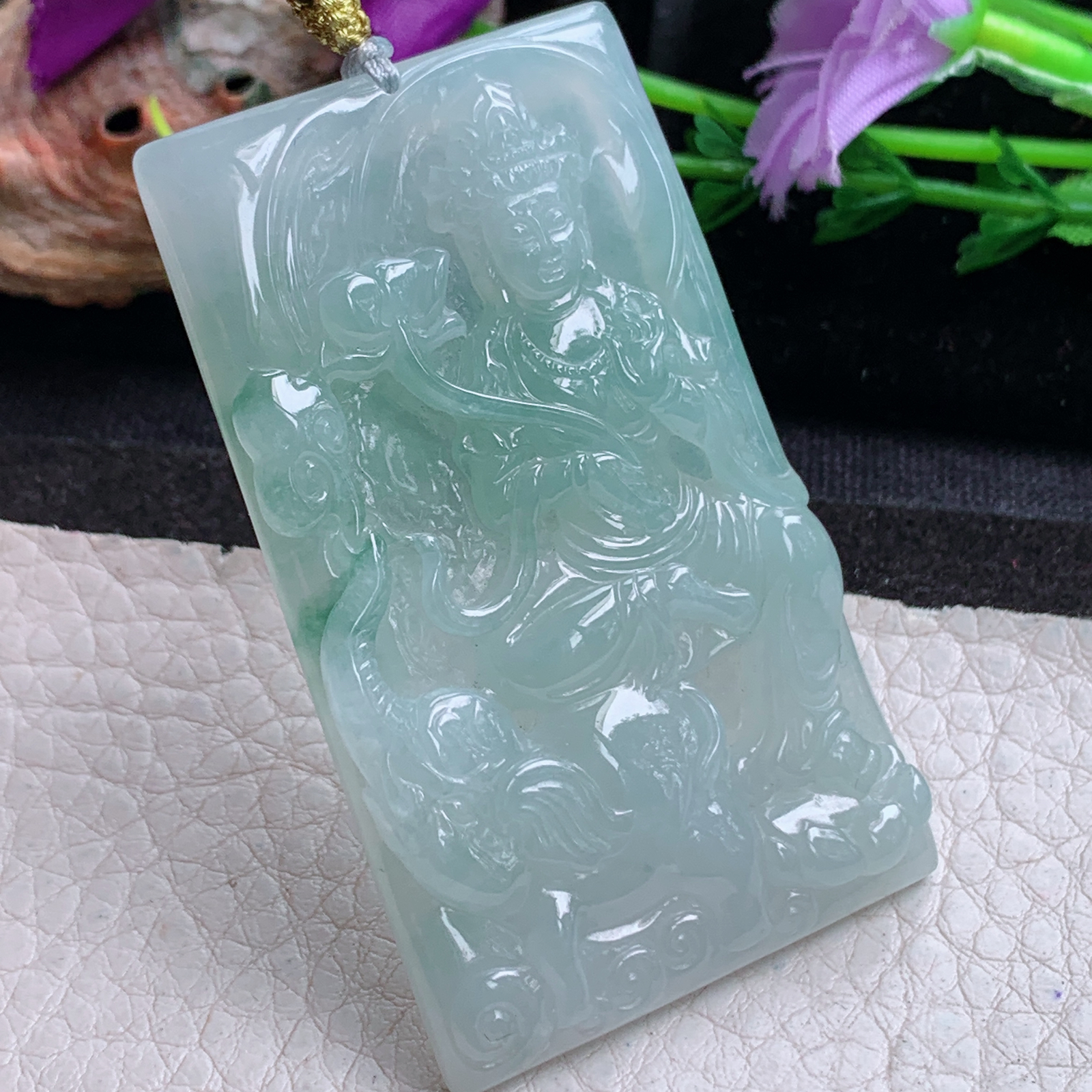 rp实拍59.3*35*6天然缅甸翡翠清新普贤菩萨 玉观音玉吊坠 玉挂件