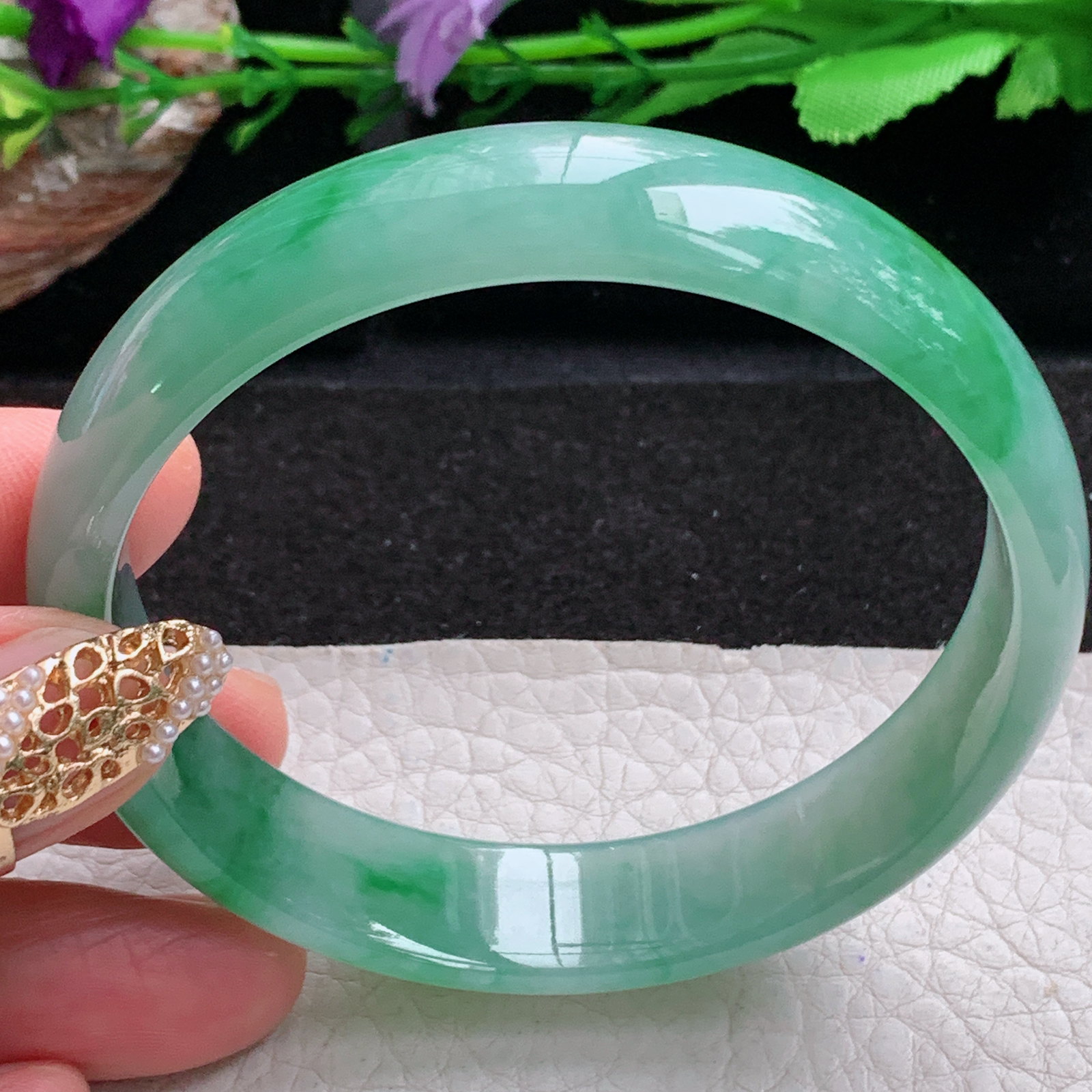 p大圈口59.5*14*6.6平安镯 天然缅甸翡翠a货手镯冰飘绿正圈玉镯子