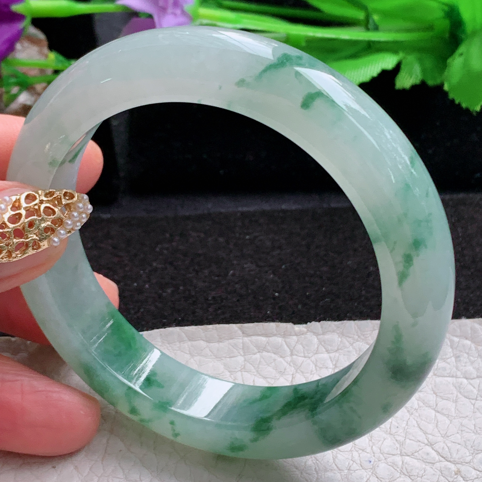 p飘逸款54.5*13*9.5平安镯 天然缅甸翡翠a货手镯冰飘花厚装正圈玉镯子