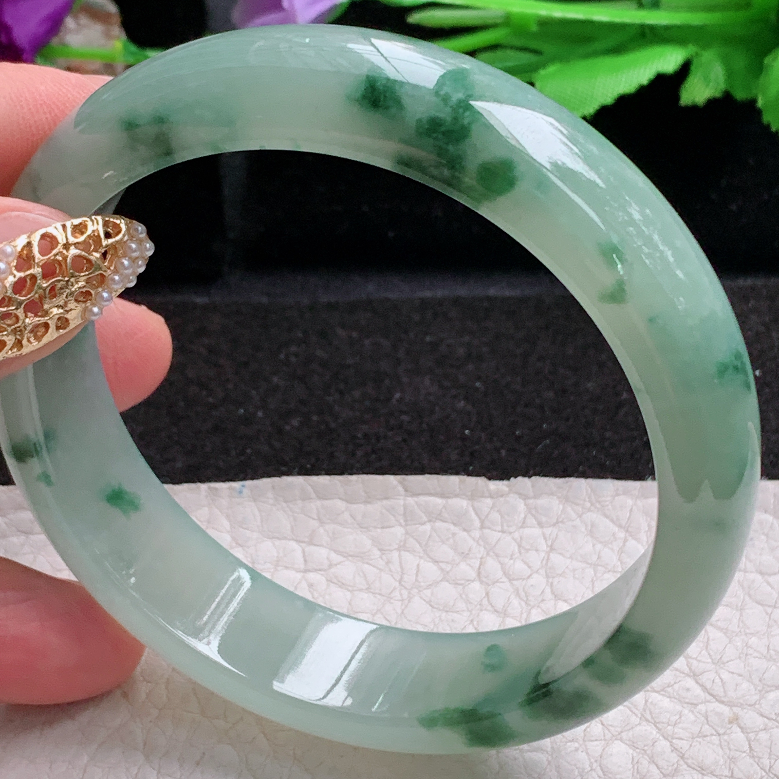 p飘逸款59.8*15*8.5平安镯 天然缅甸翡翠a货手镯冰飘花正圈玉镯子