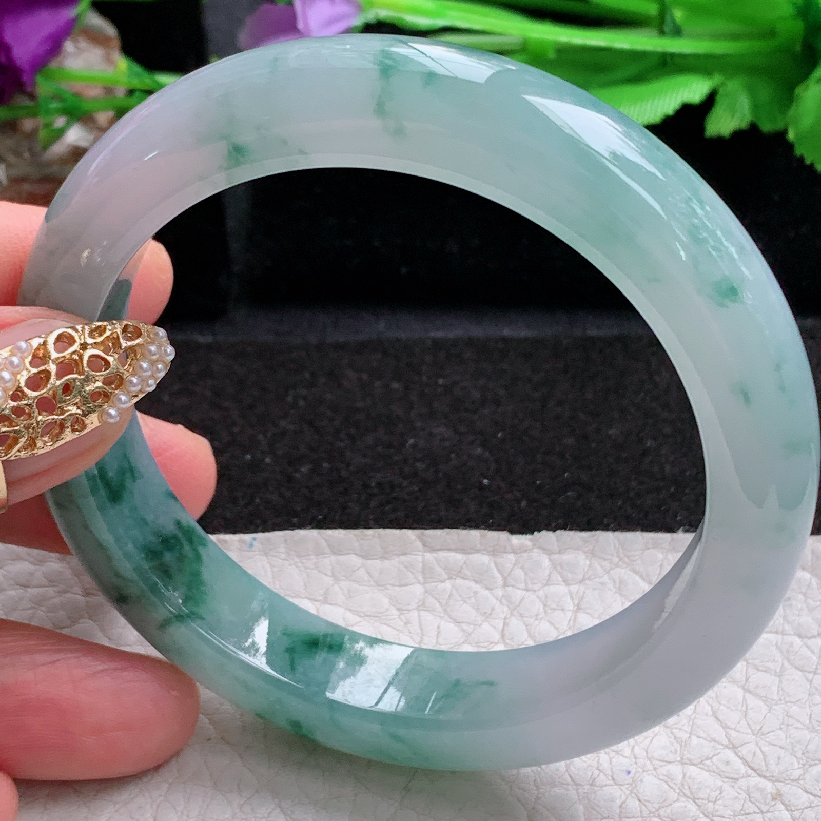 p飘逸款55.5*12.2*9平安镯 天然缅甸翡翠a货手镯冰飘花厚装正圈玉镯子