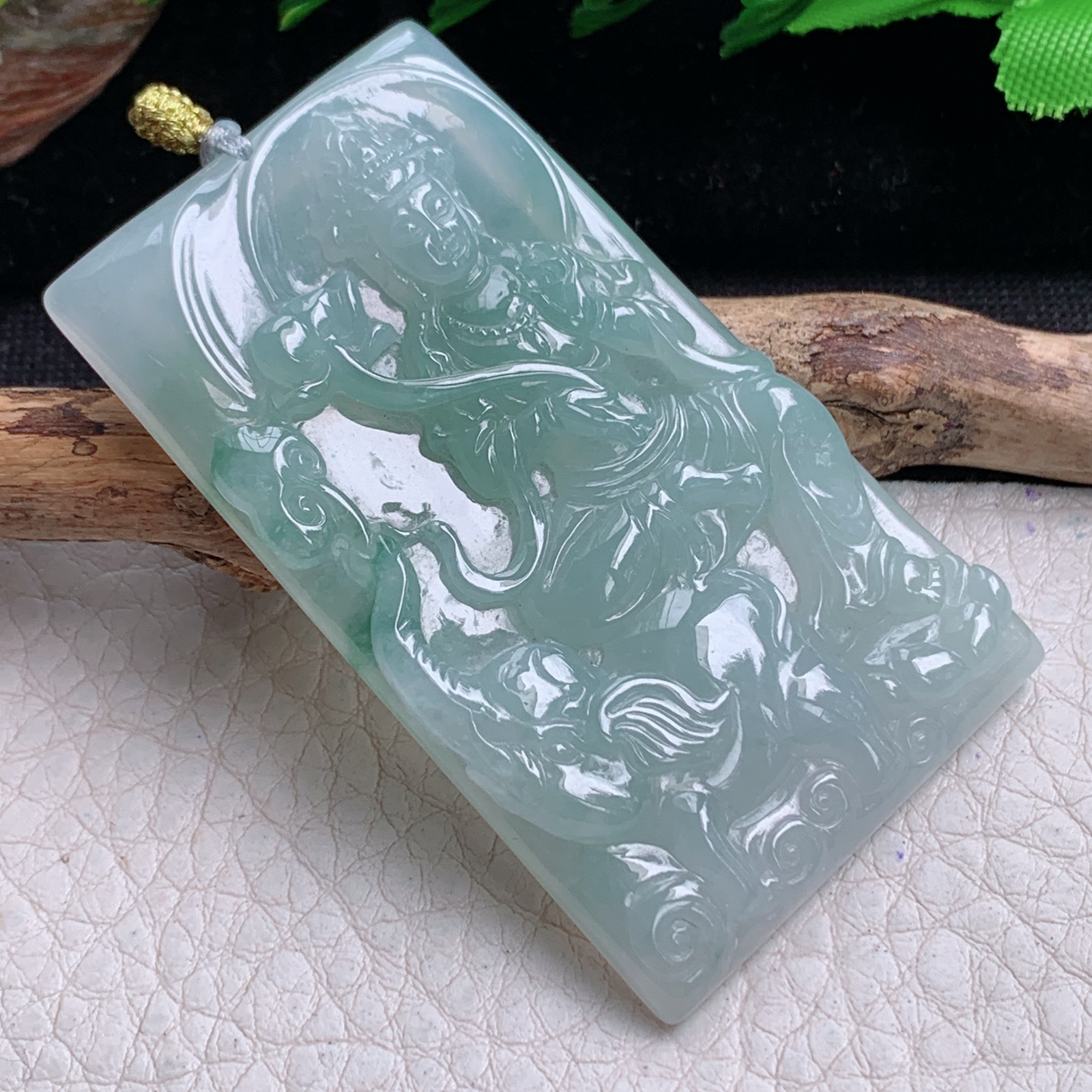 rp实拍59.3*35*6天然缅甸翡翠清新普贤菩萨 玉观音玉吊坠 玉挂件