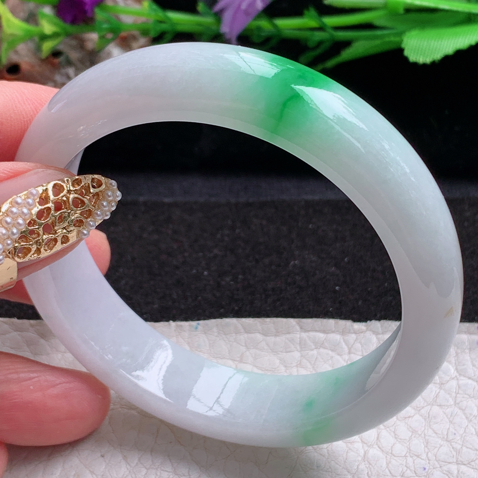 z实拍54*13*7.8平安镯 天然缅甸翡翠a货手镯飘绿正圈玉镯子