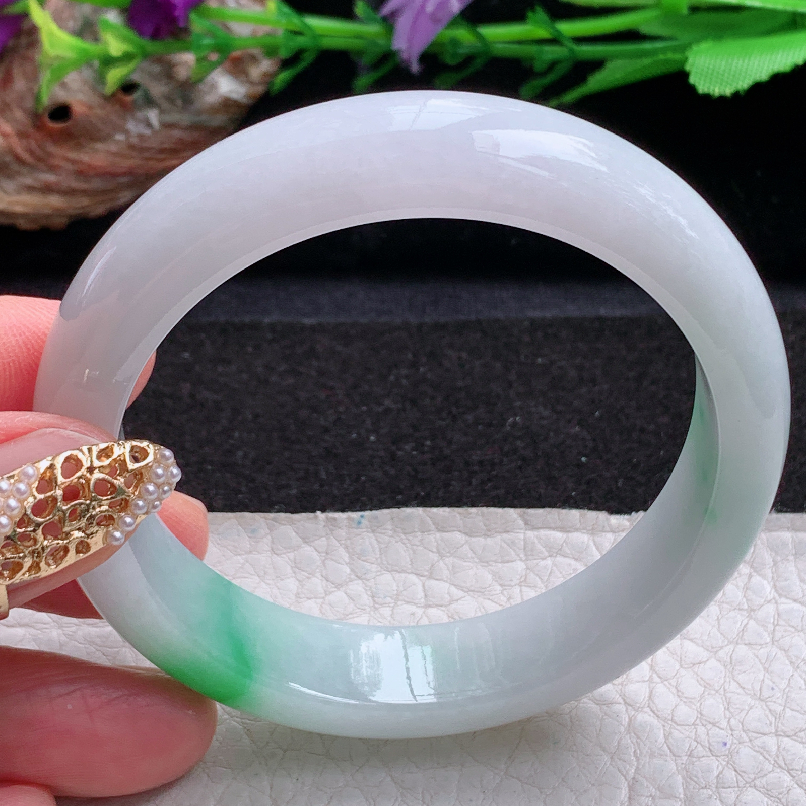 z实拍54*13*7.8平安镯 天然缅甸翡翠a货手镯飘绿正圈玉镯子