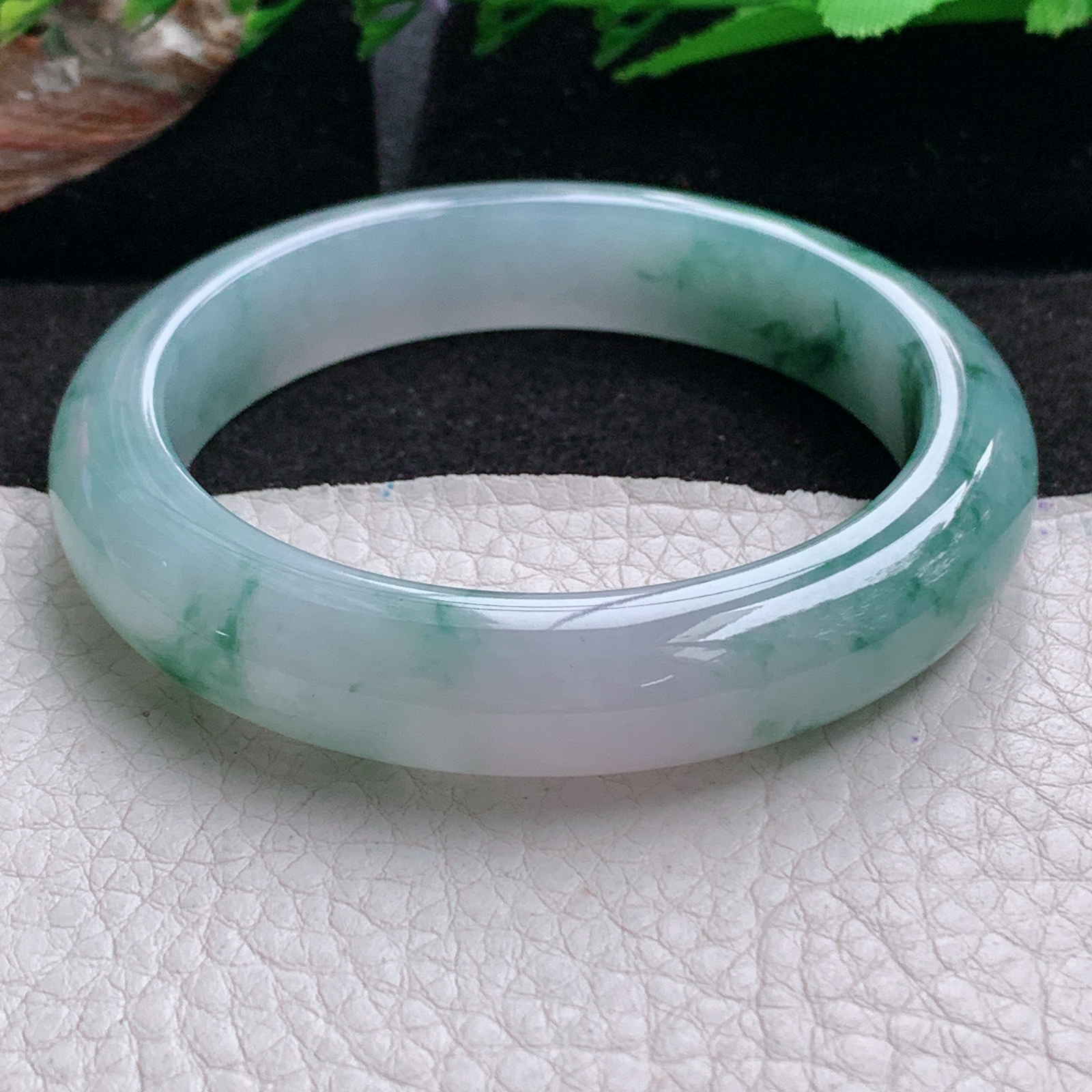 p飘逸款55.5*12.2*9平安镯 天然缅甸翡翠a货手镯冰飘花厚装正圈玉镯子