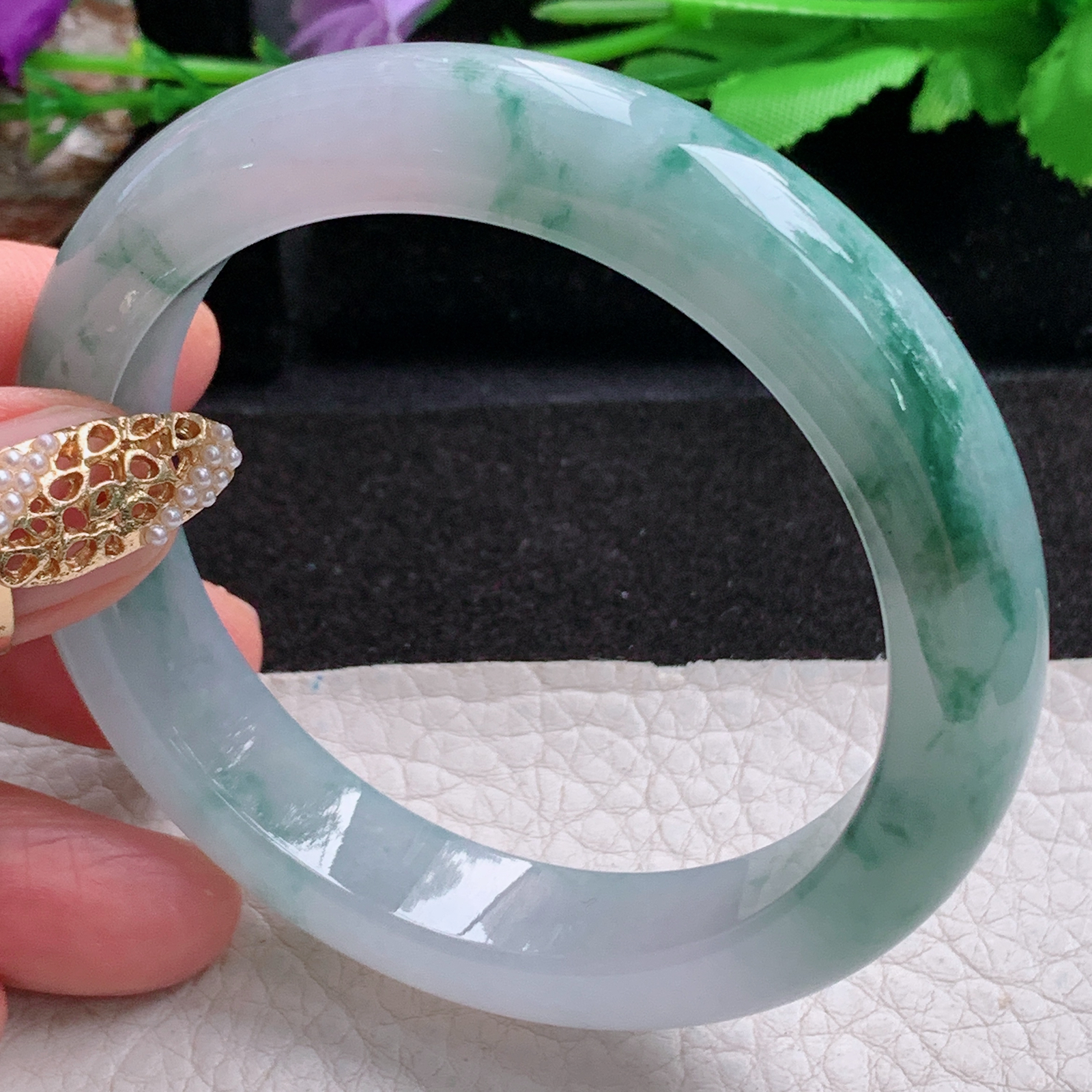p飘逸款55.5*12.2*9平安镯 天然缅甸翡翠a货手镯冰飘花厚装正圈玉镯子