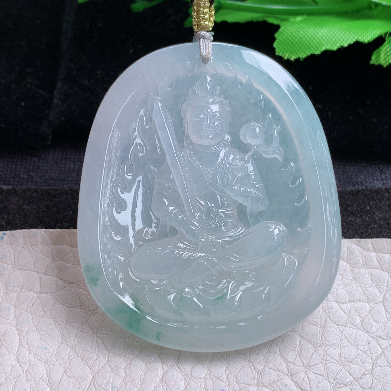 rp实拍50.3*42.8*5.5天然缅甸翡翠冰飘花虚空藏 生敞守护神玉吊坠 玉挂件