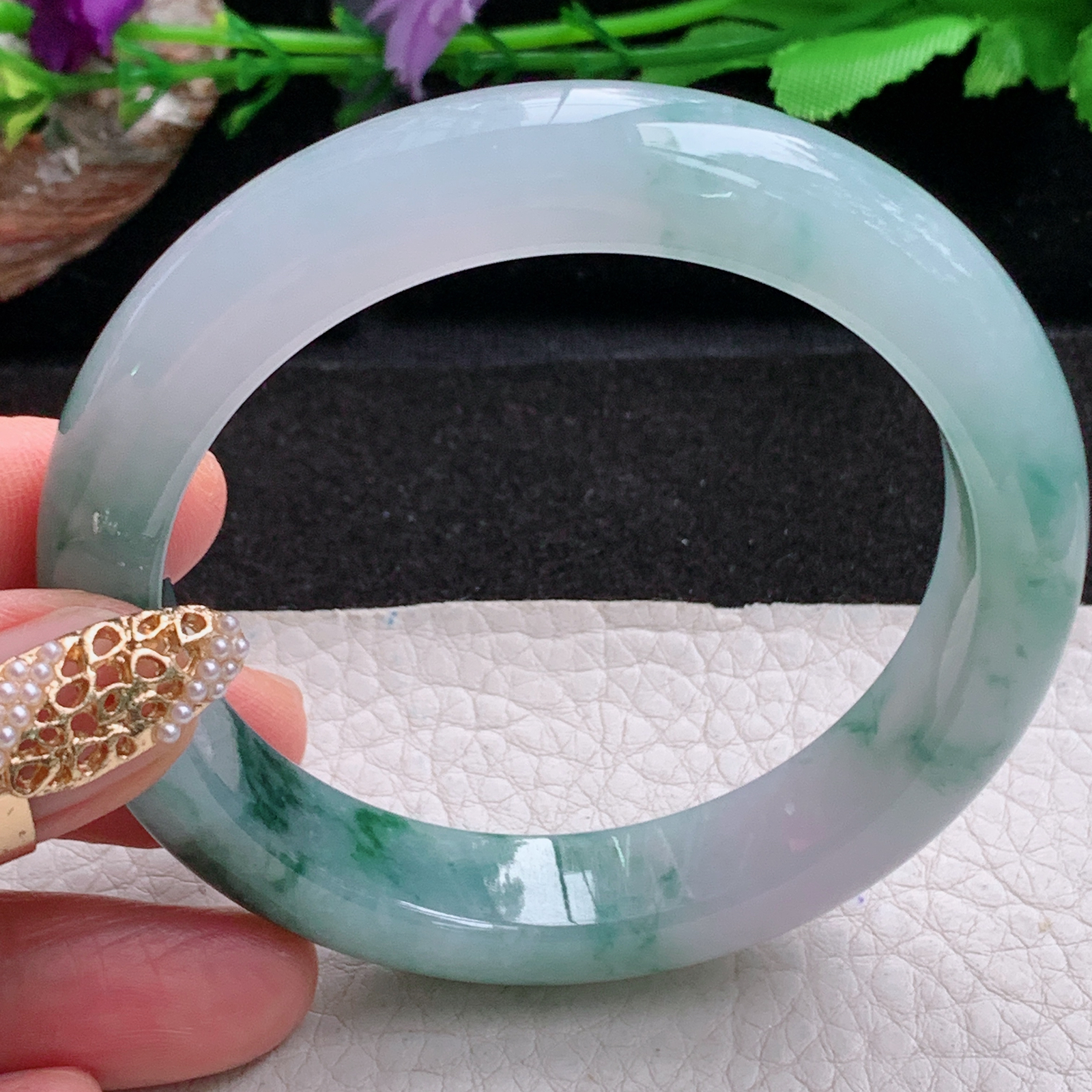 p飘逸款55.5*12.2*9平安镯 天然缅甸翡翠a货手镯冰飘花厚装正圈玉镯子