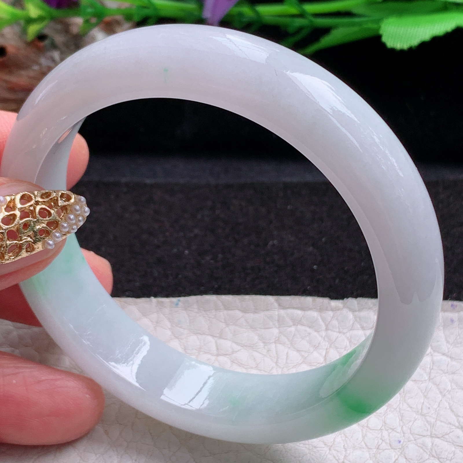 z实拍54*13*7.8平安镯 天然缅甸翡翠a货手镯飘绿正圈玉镯子