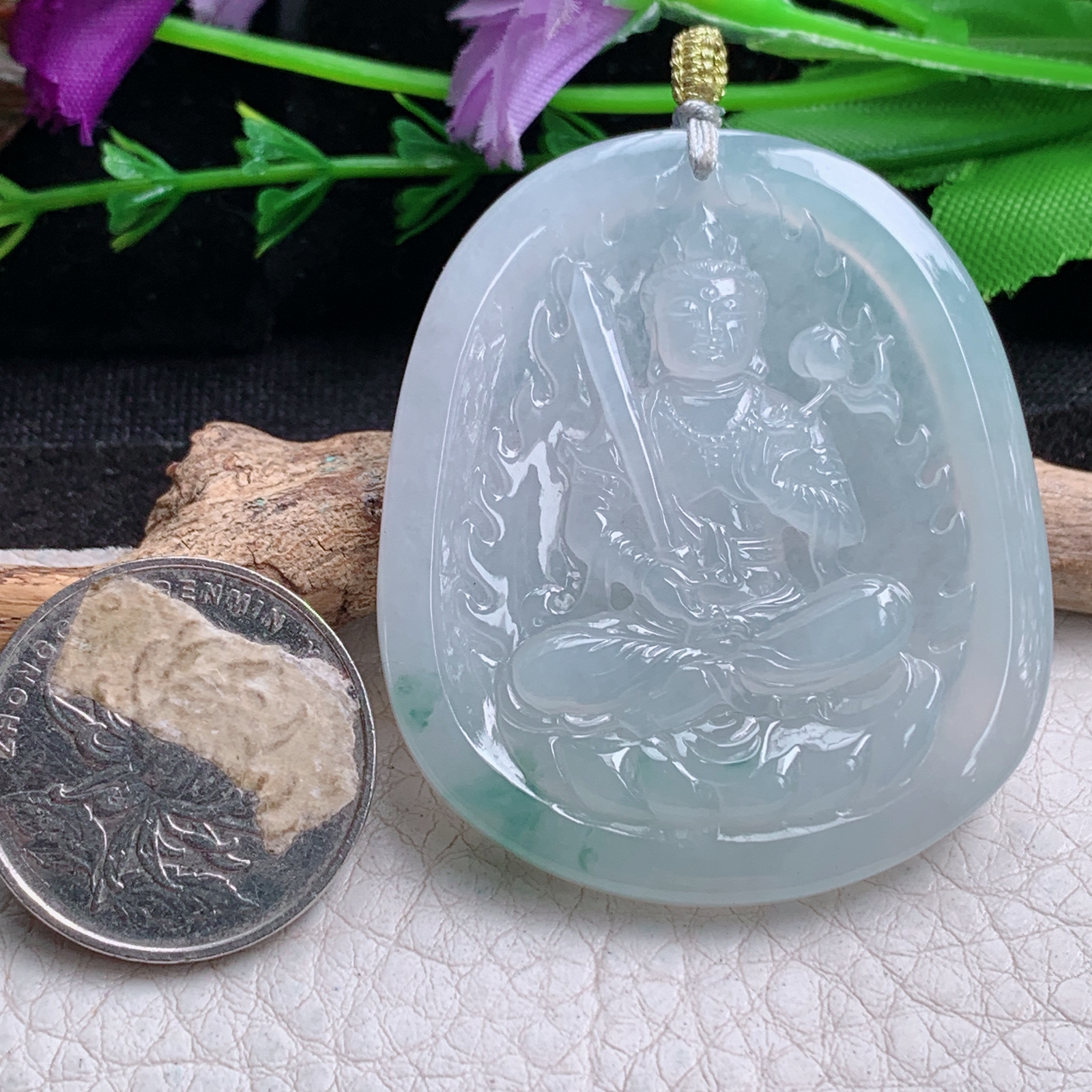 rp实拍50.3*42.8*5.5天然缅甸翡翠冰飘花虚空藏 生敞守护神玉吊坠 玉挂件