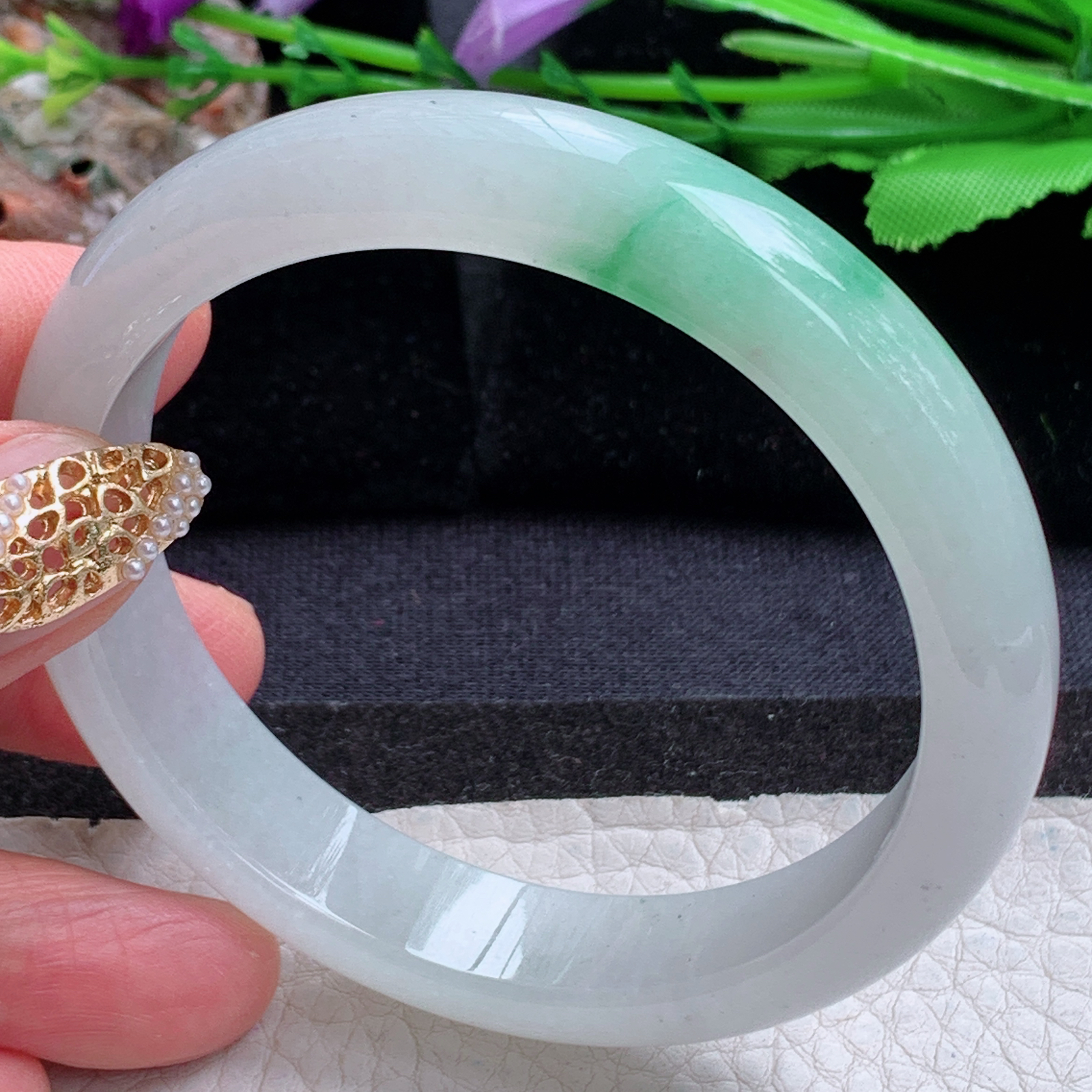 js白底青款56.5*12.2*7.3平安镯 天然缅甸翡翠a货手镯飘绿冰胶正圈玉镯子