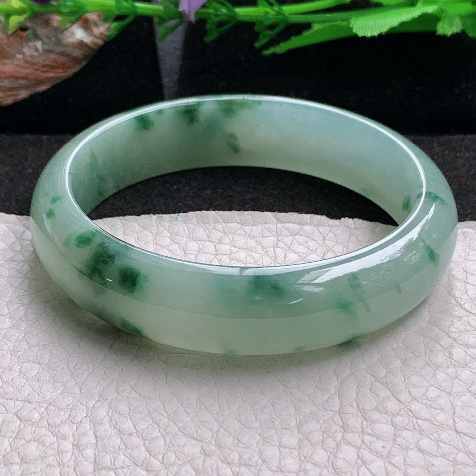 p飘逸款59.8*15*8.5平安镯 天然缅甸翡翠a货手镯冰飘花正圈玉镯子