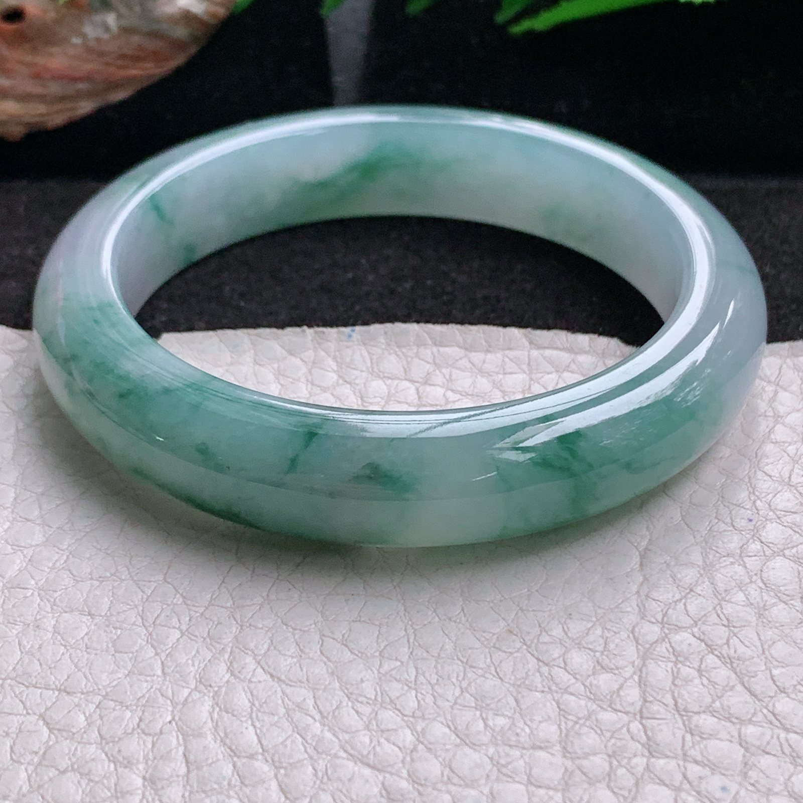 p飘逸款55.5*12.2*9平安镯 天然缅甸翡翠a货手镯冰飘花厚装正圈玉镯子