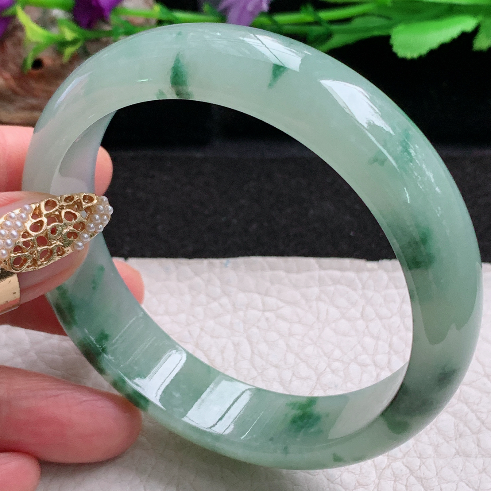 p飘逸款59.8*15*8.5平安镯 天然缅甸翡翠a货手镯冰飘花正圈玉镯子