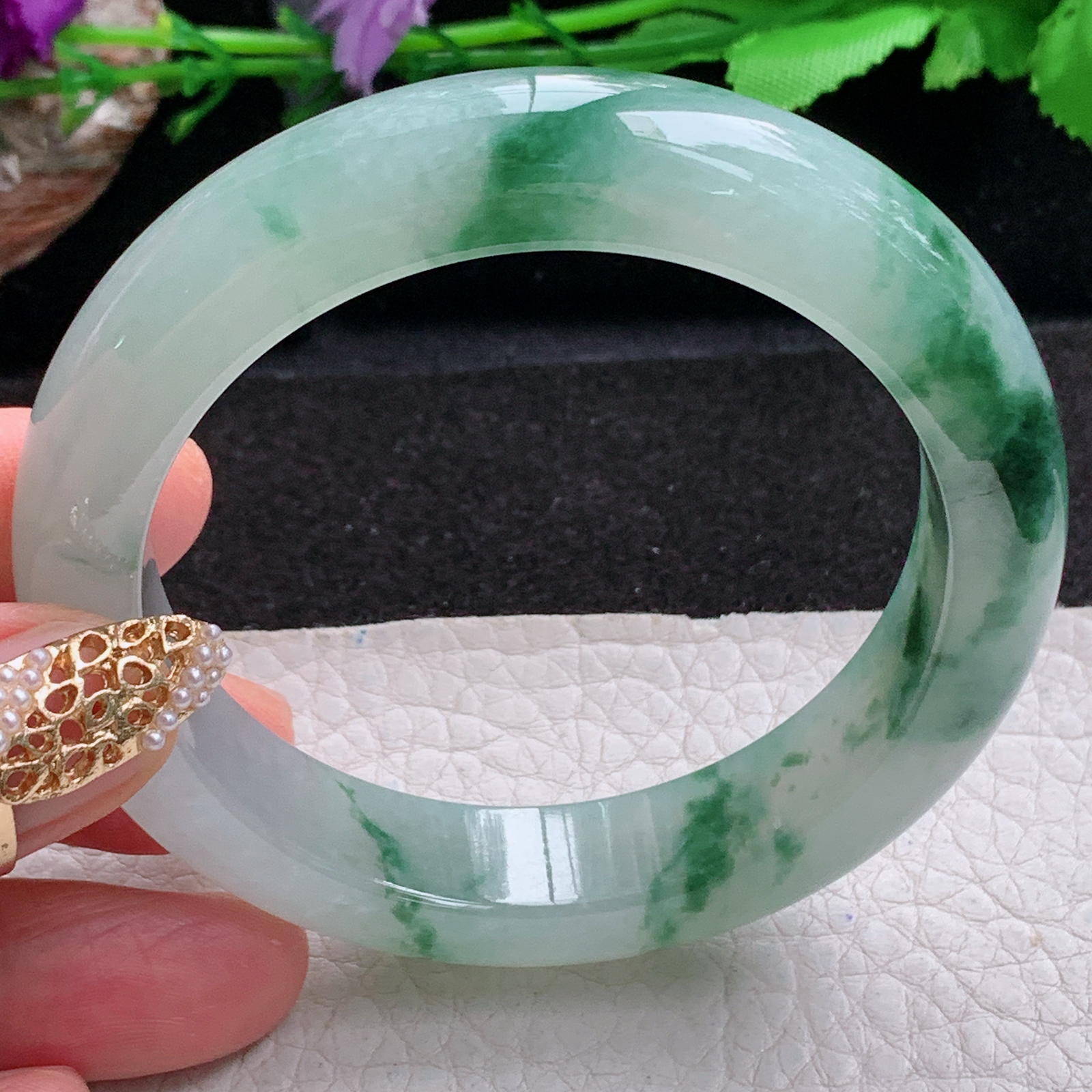 p飘逸款54.5*13*9.5平安镯 天然缅甸翡翠a货手镯冰飘花厚装正圈玉镯子