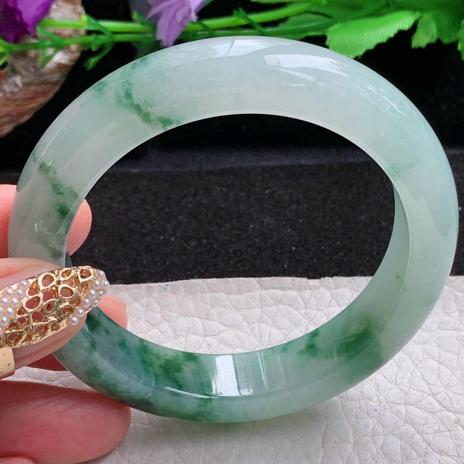 p飘逸款54.5*13*9.5平安镯 天然缅甸翡翠a货手镯冰飘花厚装正圈玉镯子