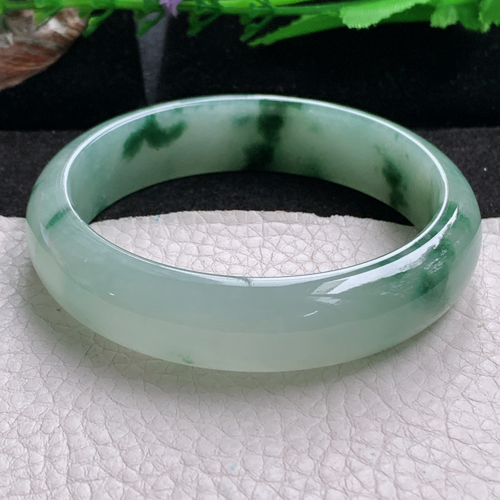 p飘逸款59.8*15*8.5平安镯 天然缅甸翡翠a货手镯冰飘花正圈玉镯子