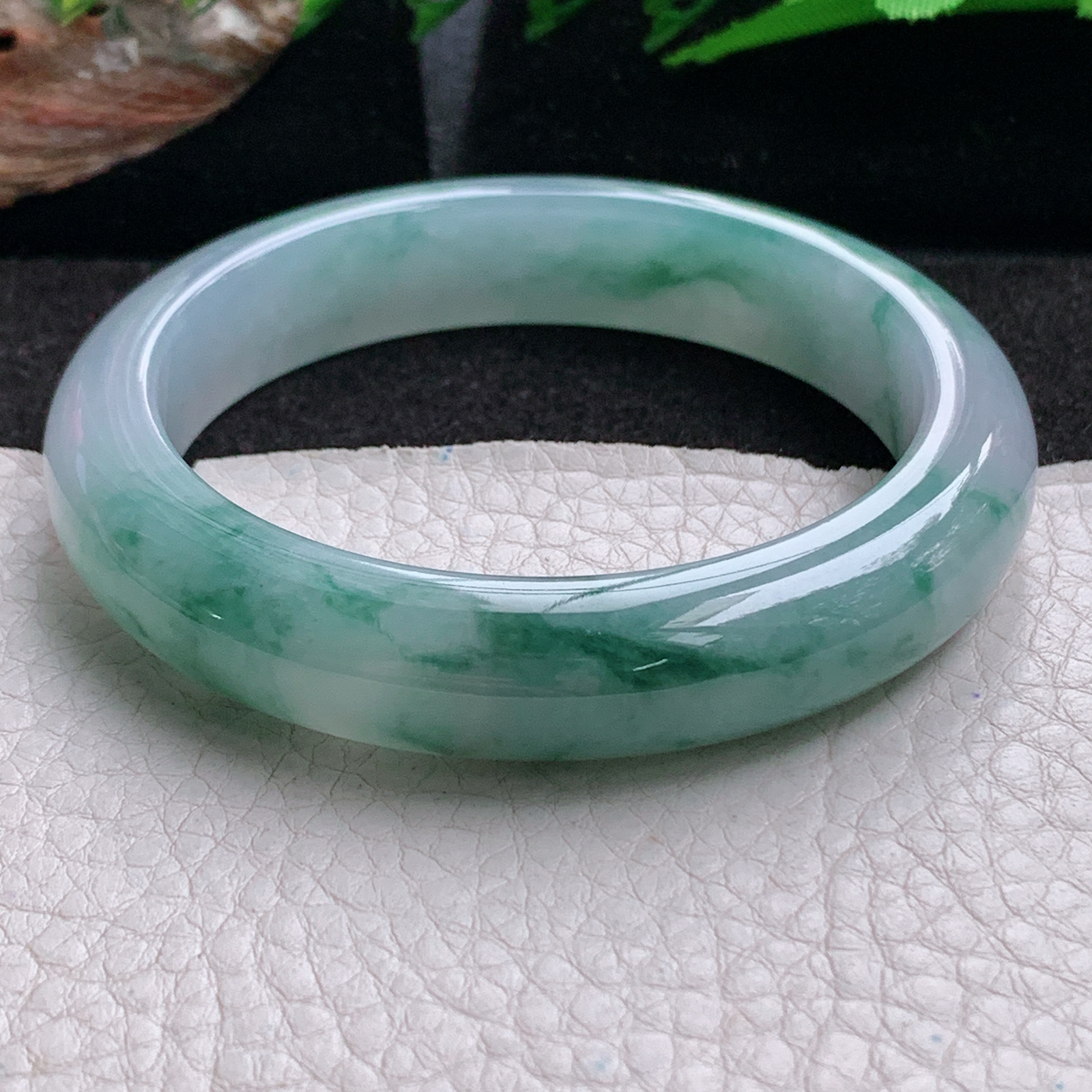 p飘逸款55.5*12.2*9平安镯 天然缅甸翡翠a货手镯冰飘花厚装正圈玉镯子